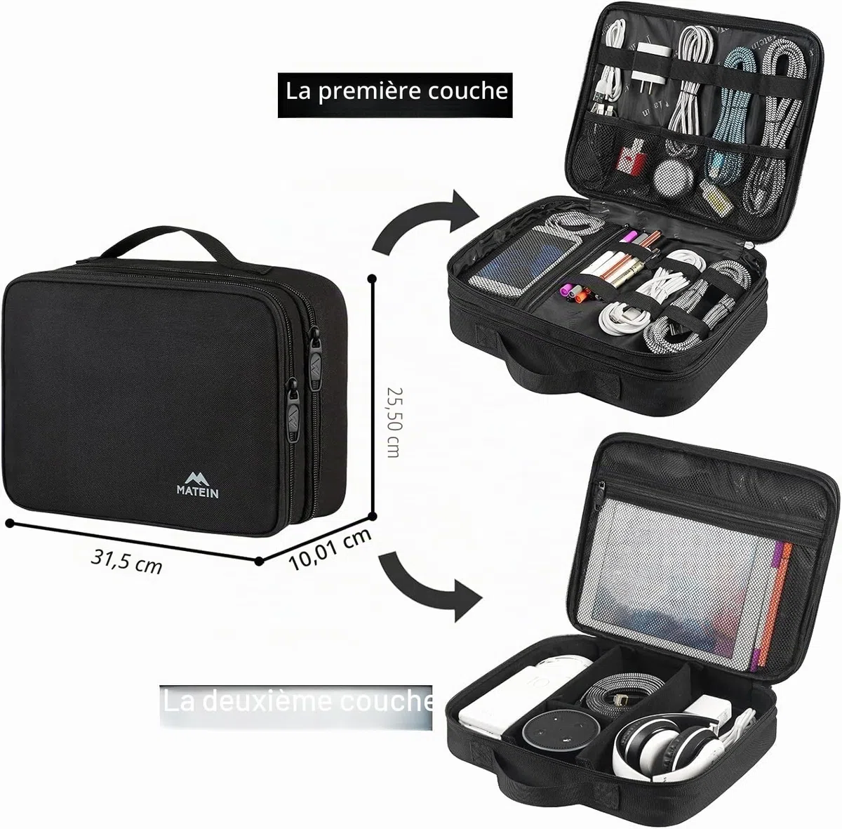 MATEIN Sac Organisateur de Câbles, 2 Couches Noir pour Téléphone Portable, iPad, Chargeur, Alimentation Mobile - Rangement Portable
