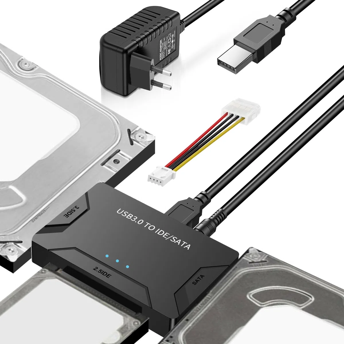5Gbps Adaptateur Disque Dur USB 3.0 pour 2.5"/ 3.5" HDD/SSD, Convertisseur SATA et IDE Adaptateur de Disque Dur IDE/SATA pour Windows 11/10/8/7/XP/Vista avec Câble USB/Alimentation 12 V 2 A