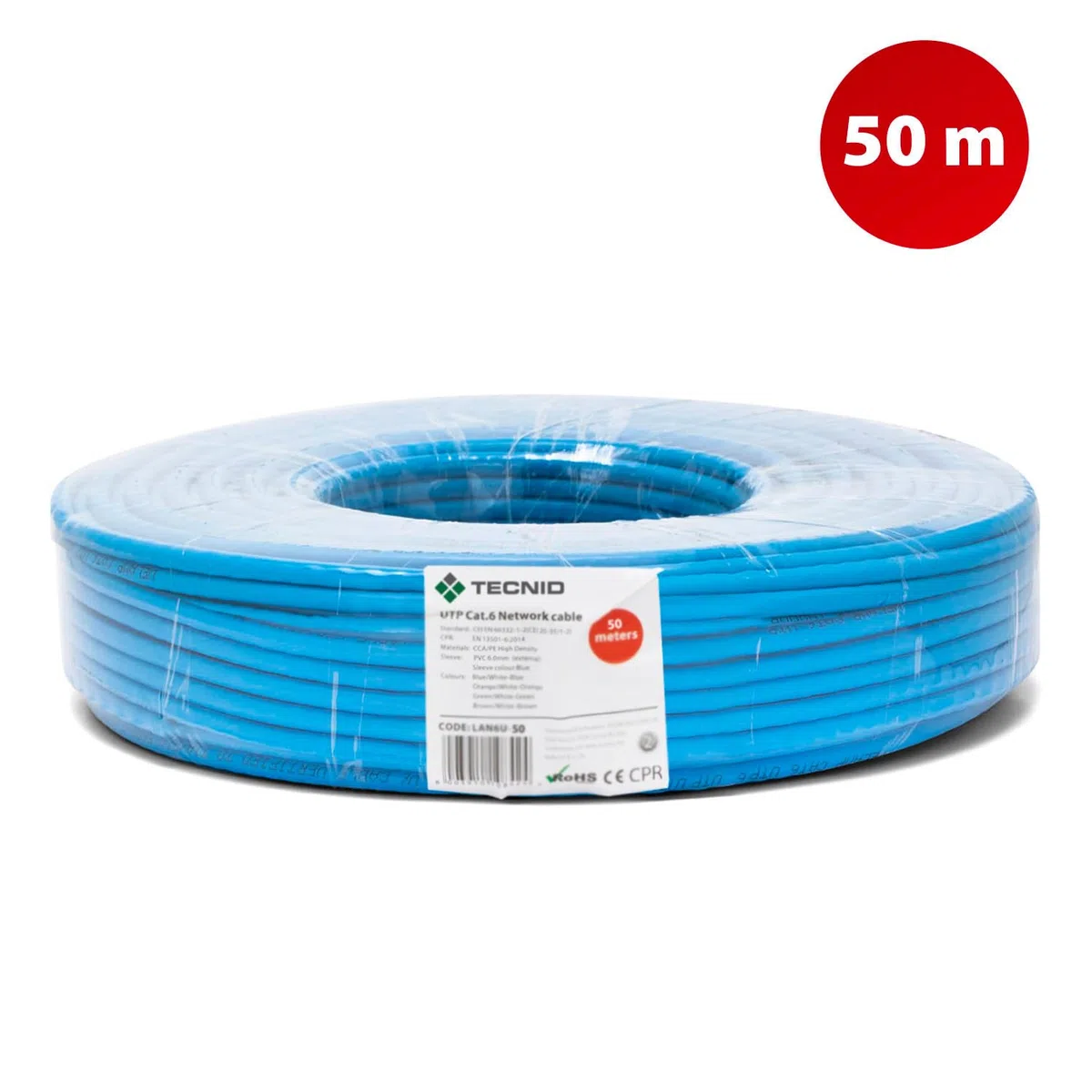 Câble réseau Ethernet | CAT6, AWG24, CCA, UTP, RJ45 | Bobine réseau | Bleu (50 mètres) | Pour la maison et le bureau
