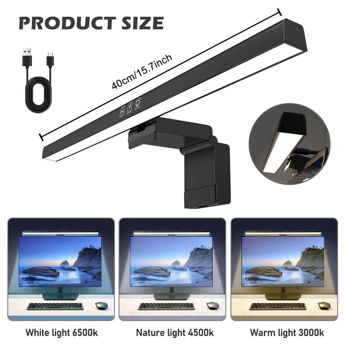 Lampe de moniteur d'ordinateur 40 cm avec contrôle tactile, lampe d'écran avec lumière anti-bleue, lampe de bureau LED USB avec luminosité réglable en 3 températures de couleur pour ordinateur, bureau