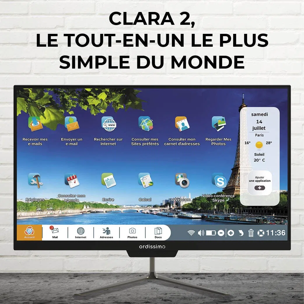 ORDISSIMO - Ordinateur de Bureau Tout-En-Un Clara 2 Idéal Senior - Ordi Fixe Facile à Utiliser - Grand Écran Plat - Interface Intuitive, Clavier Simplifié, Souris Sans Fil, Antivirus, Ports USB - Noir