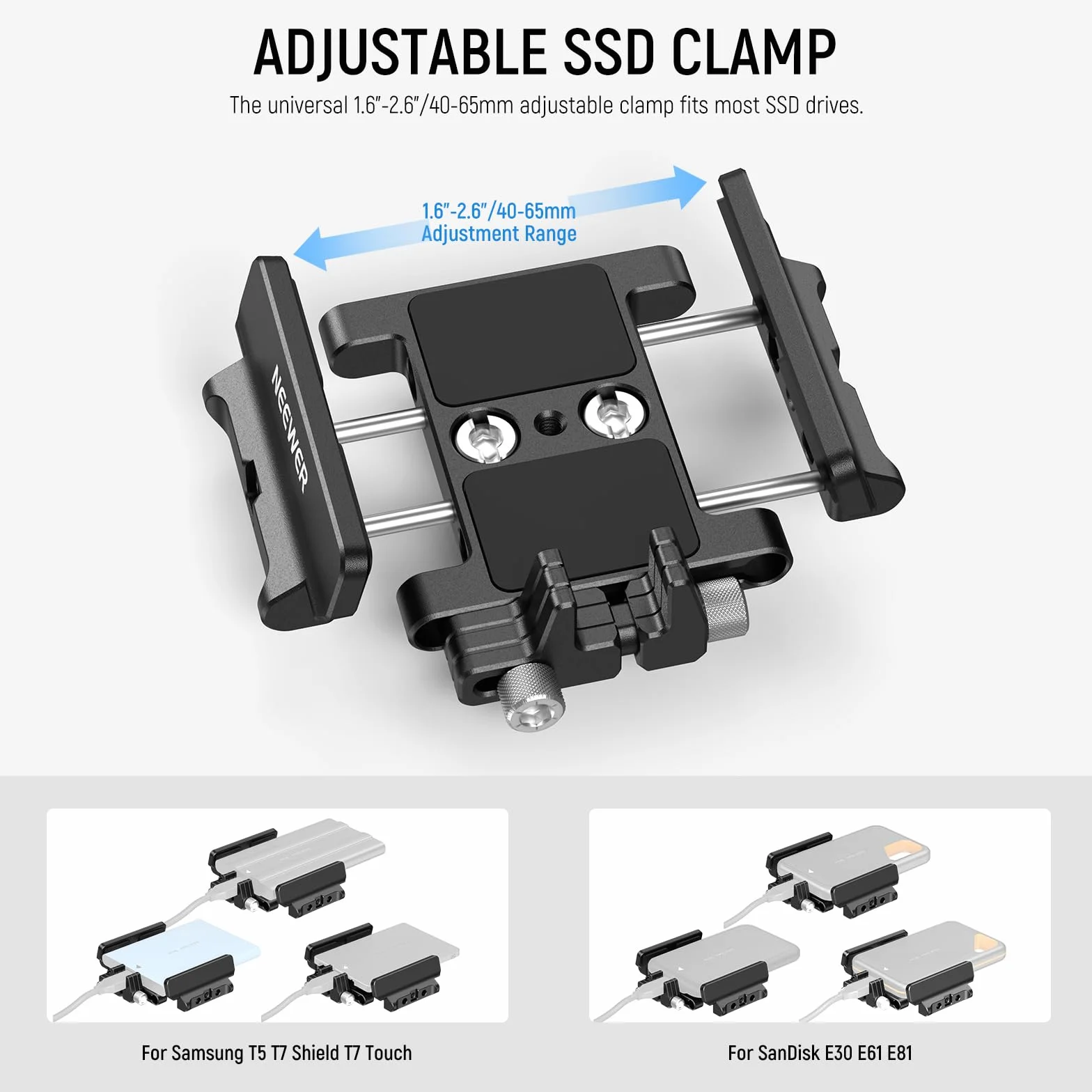 Neewer Support de Montage SSD en Aluminium avec Cold Shoe Serre Câble, 1,6"-2,6"/40-65 mm Compatible avec Samsung T5 T7 SSD SanDisk Compatible avec SmallRig Cage pour BMPCC 4K 6K pour Sigma FP, UA035