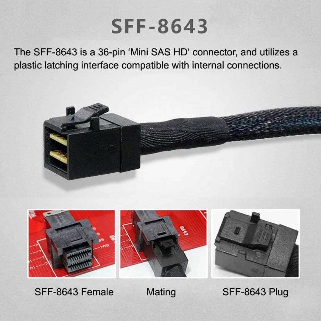 Chenyang 50 cm Slim Line SAS 4.0 Sff-8654 4I 38pin Hôte au HD Mini SAS 4i Sff-8643 Cible de 36pin Câble