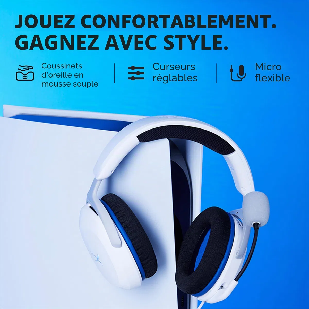 HyperX Cloud Stinger 2 Core pour PlayStation, Casque gaming filaire PS5/PS4, Haut parleurs 40 mm, Micro antibruit avec mute par pivotement, Commandes audio sur casque, Léger, Blanc
