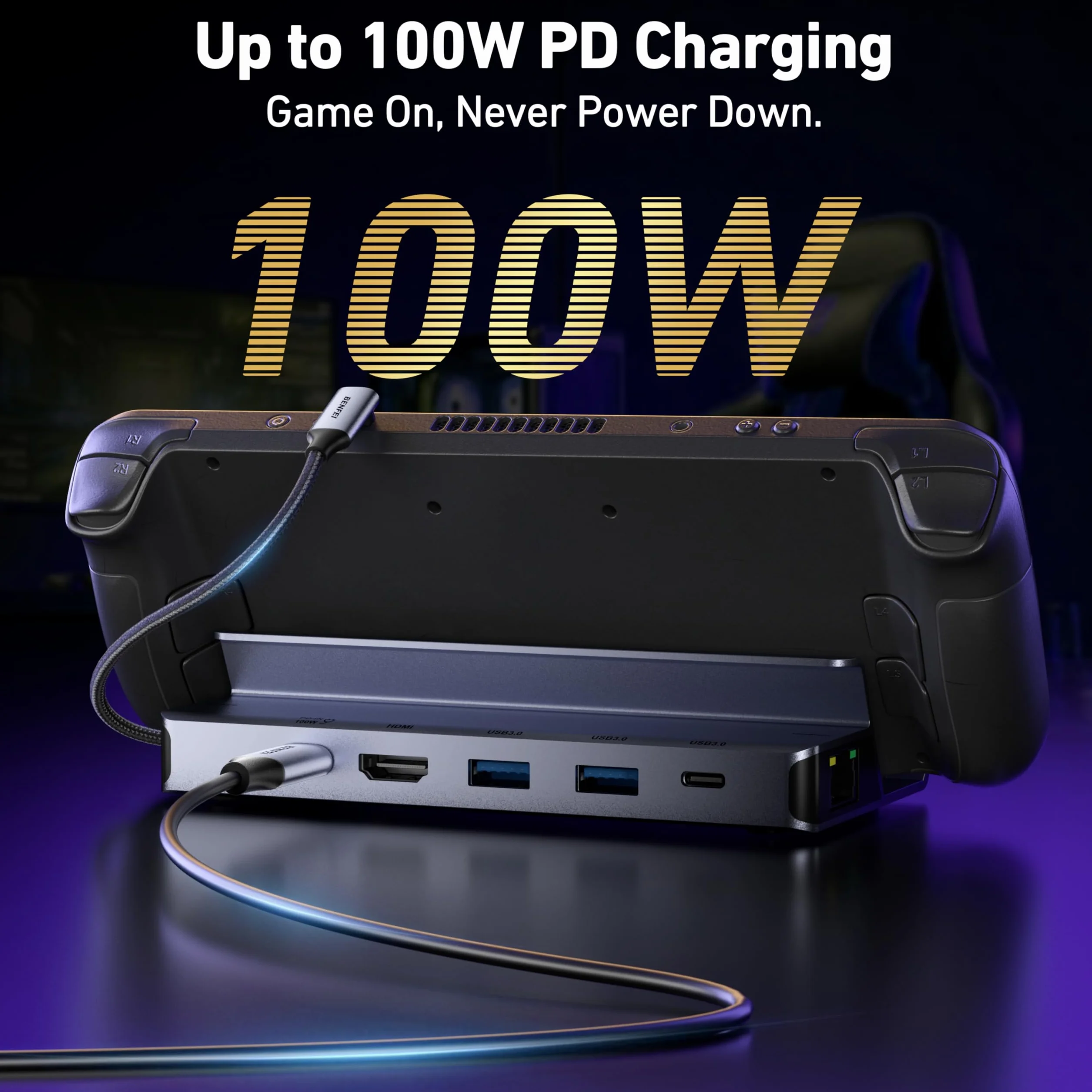 BENFEI Station d'accueil Steam Deck, Dock pour Steam Deck (OLED)/ROG Ally/Legion Go, Hub USB C 6-en-1 avec HDMI 4K@60Hz, Ethernet 1 Gbit/s, 1x USB-C, 2X USB 3.0, Charge PD 100W
