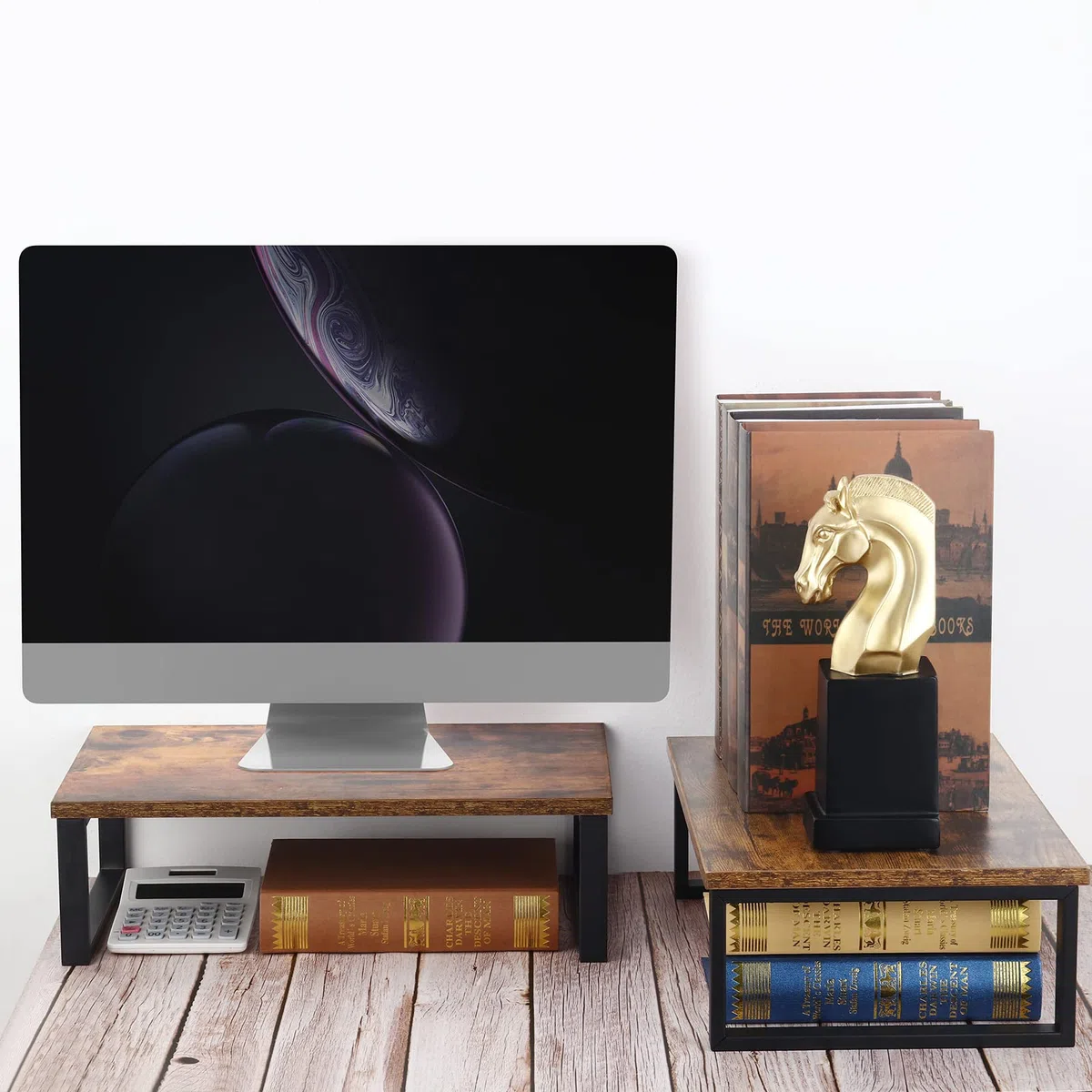 Lot de 2 supports de moniteur en bois pour ordinateur de bureau, étagère de rangement industrielle pour écran, imprimante, ordinateur portable, MacBook, ordinateur portable, PC (marron foncé)