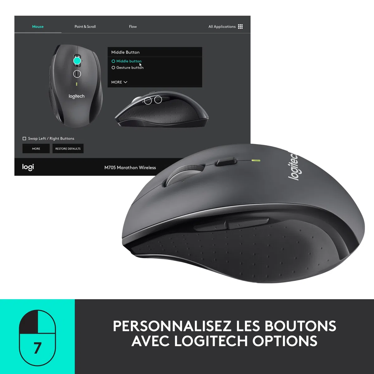 Logitech M705 Marathon sans Fil Souris, Récepteur USB Unifying 2,4 GHz, 1000 PPP, 5 Boutons Programmables, Pile Durée 3 Ans, Compatible PC, Mac, Ordinateur Portable, Chromebook - Graphite