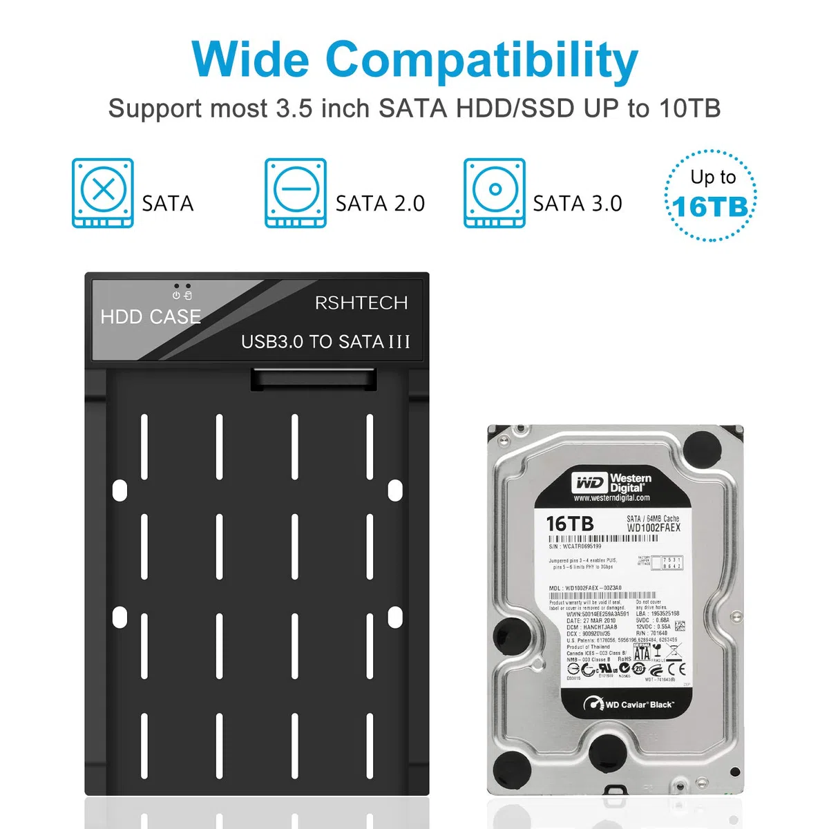 RSHTECH Boitier Disque Dur Externe USB 3.0 pour 2.5" 3.5" SATA HDD SSD Prend en Charge jusqu'à 6 Gbit/s, Disque Dur 16 to et UASP, livré avec 24W(12V/2A) Alimentation et Câble USB 3.0, Noir (RSH-319)