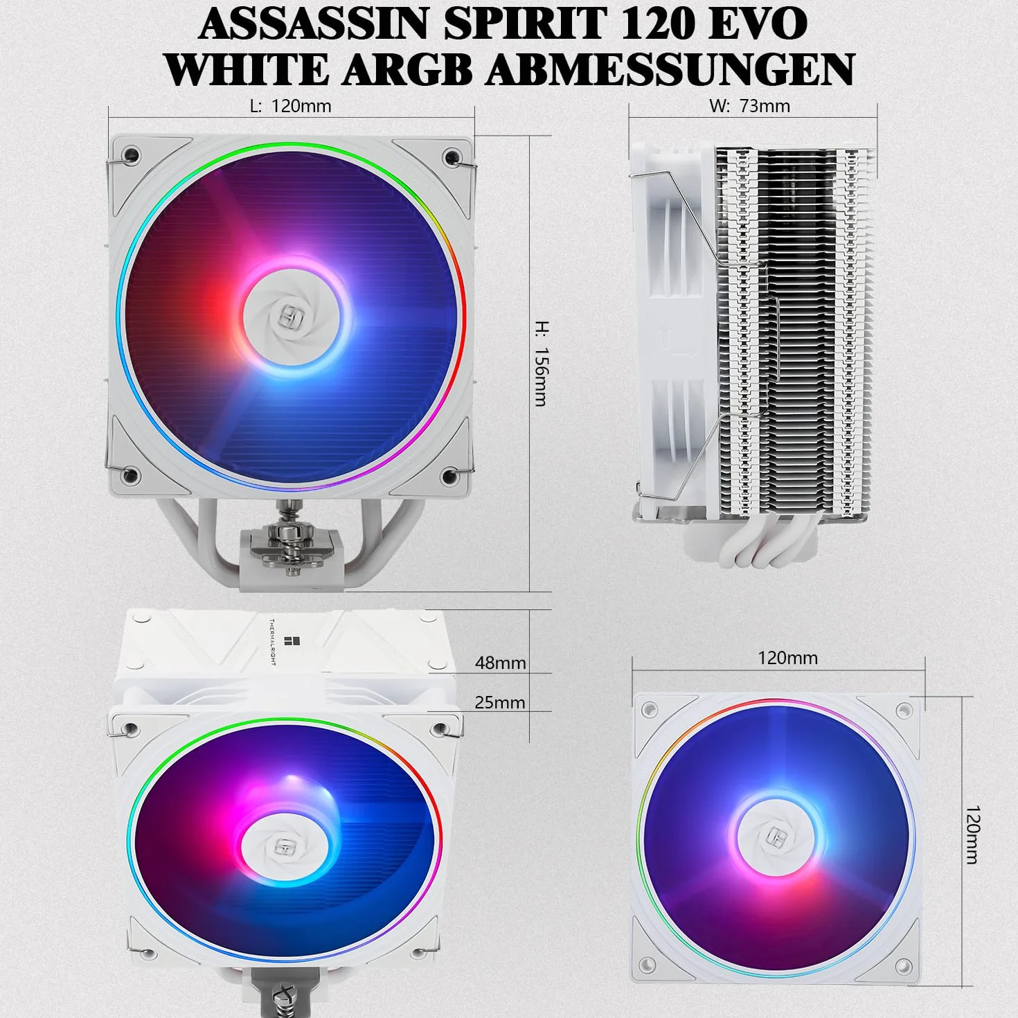 Thermalright Assassin Spirit 120 EVO Refroidisseur de processeur ARGB blanc, 4 caloducs, avec ventilateur TL-S12W-S PWM silencieux, compatibilité AMD, AM4, AM5, Intel 1700, 1150, 1151, 1200