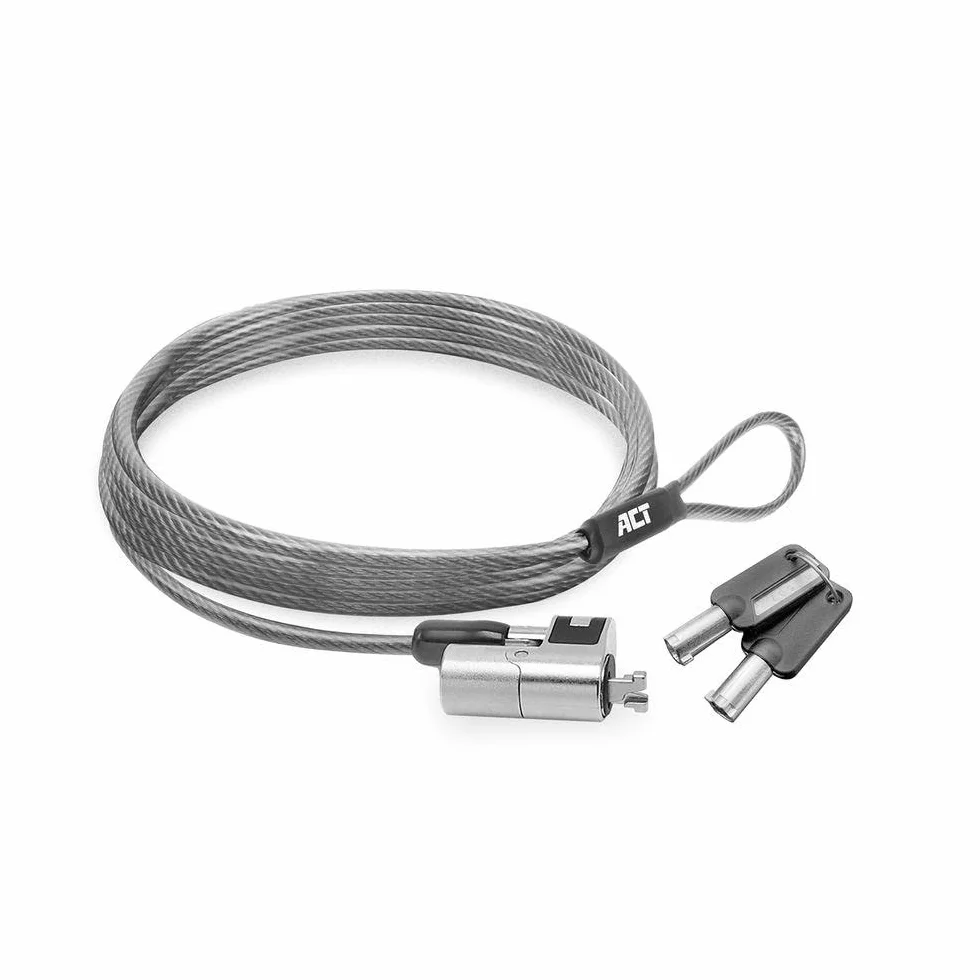 ACT AC9030 Câble de sécurité pour ordinateur portable 2 m, câble Keyed Cable, Nano Slot pour ordinateur portable, tête de serrure pivotante, serrure pour ordinateur portable HP, câble antivol portable