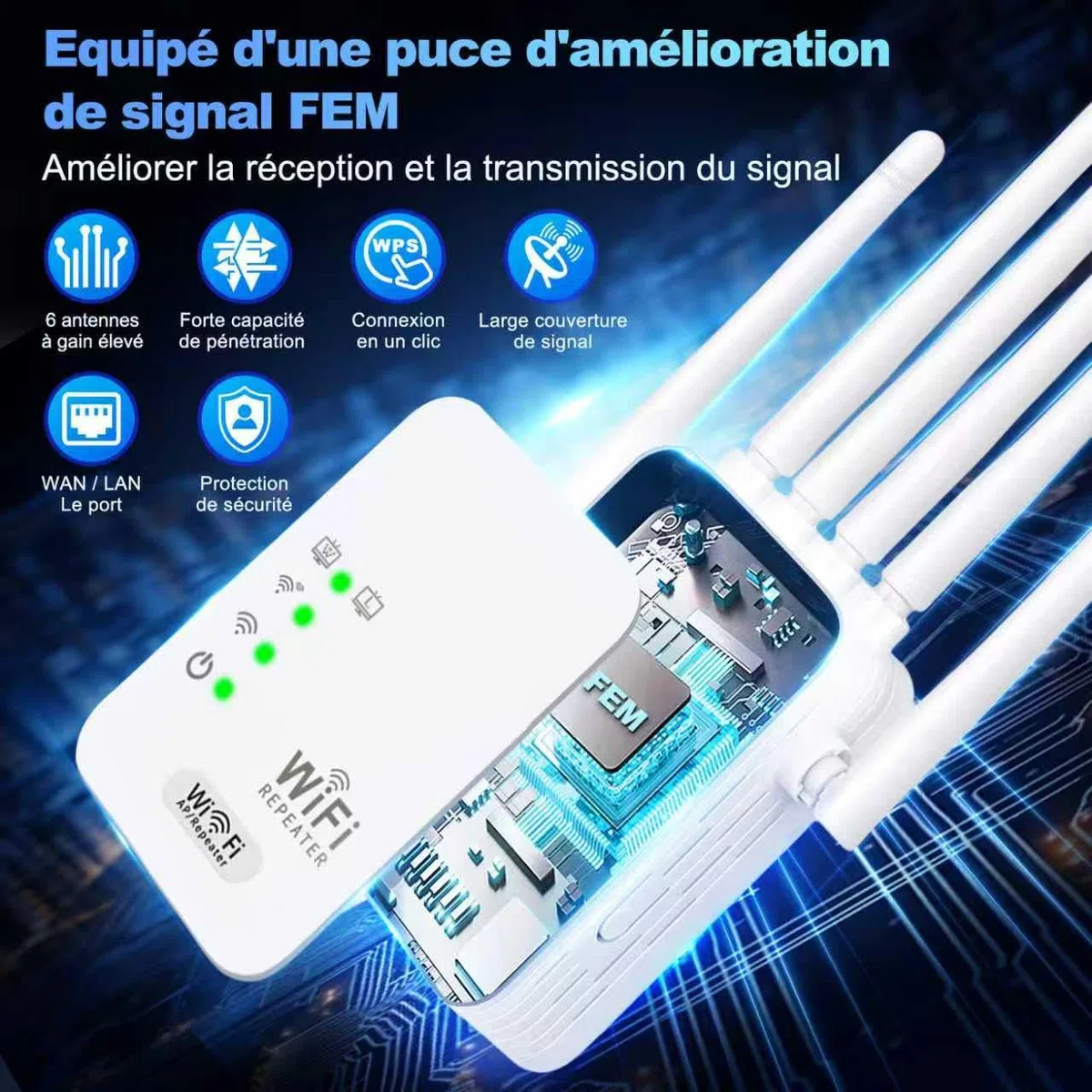Repeteur WiFi Puissant, Amplificateur Répéteur WiFi 6 Dual Band,repeteur WiFi Puissant avec 6 Antennes Puissantes, 2 Ports LAN,repetiteur WiFi Puissant sans Fil-
