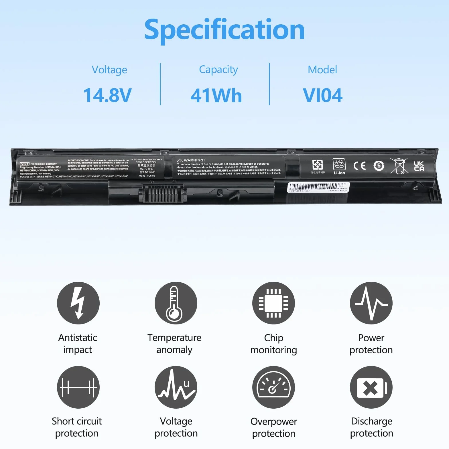 2800mAh V104 756743-001 VI04 756478-421 Batterie pour HP ProBook 450 G2 455 G2 440 G2 756746-001 756744-001 756745-001 756478-851 756478-422 756479-421 【14.8V /41Wh/4-Cell】