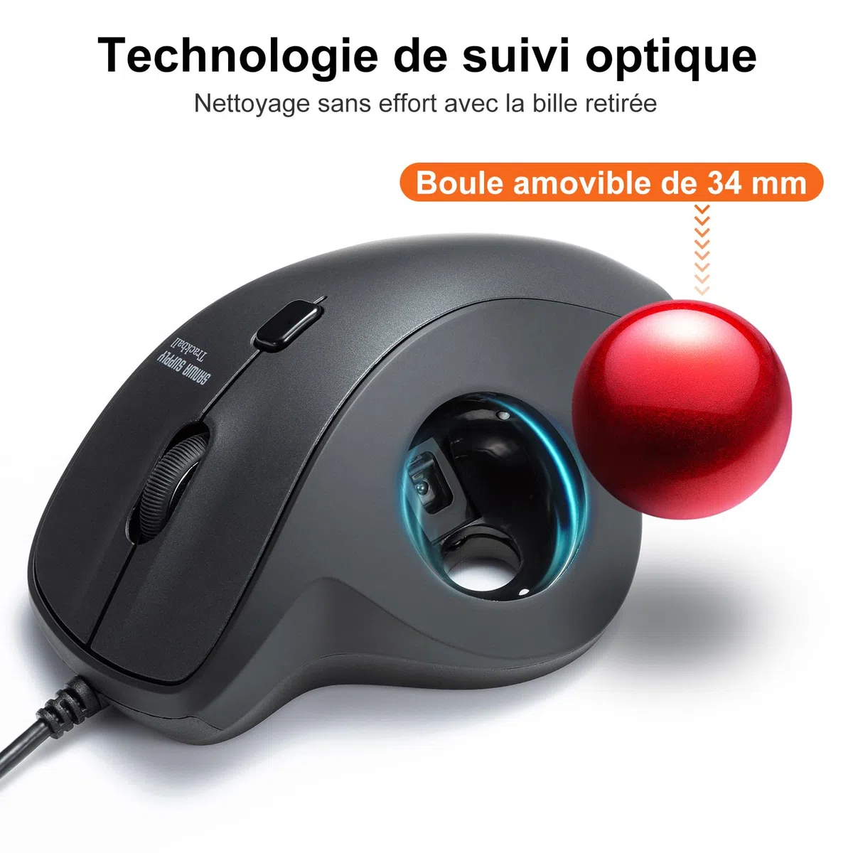 SANWA Souris Trackball Filaire, Ergonomique Souris avec Câble USB, Clic Silencieux, 600-1600 DPI, Interface Type A et Type C, Contrôle Pouce, Compatible avec Mac, Laptop, Ordinateur, Windows, Noir