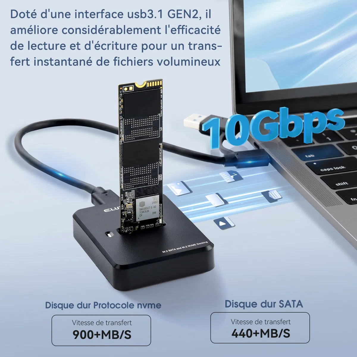 ELUTENG Station D’Accueil M.2 NVME & SATA, Boîtier Externe SSD NVMe USB 3.1 10 Gbps vers USB pour clé M-Key B&M-Key, Adaptateur Double Protocole pour SSD 2230/2242/2260/228