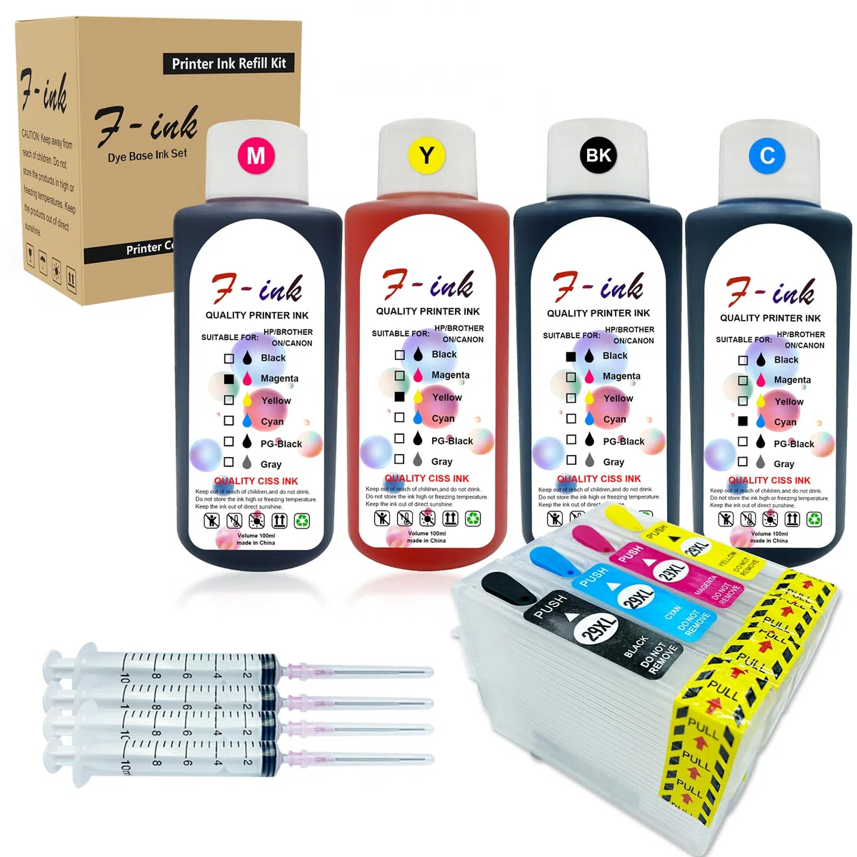 Cartouche d'encre rechargeable 29XL et encre de bouteille 4 x 100 ml compatible pour Expression Home XP-255 XP-257 XP-352 XP-355 XP-452 XP-452 XP-455 XP-245 XP-245 XP-335 XP-352 247 XP-345 XP-445