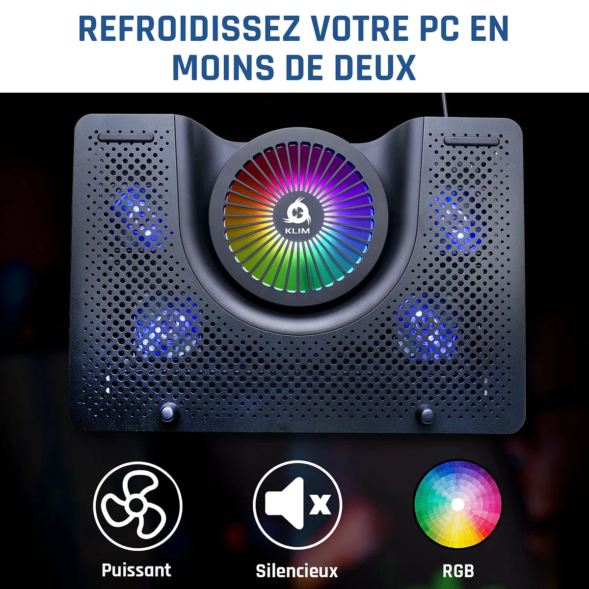 KLIM Nova - Refroidisseur PC Portable - 11" à 17" - Éclairage RGB - Support Ordinateur Portable Gaming - Ventilateur USB - Stable et Silencieux - Compatible avec Mac et PS4 - Nouveauté