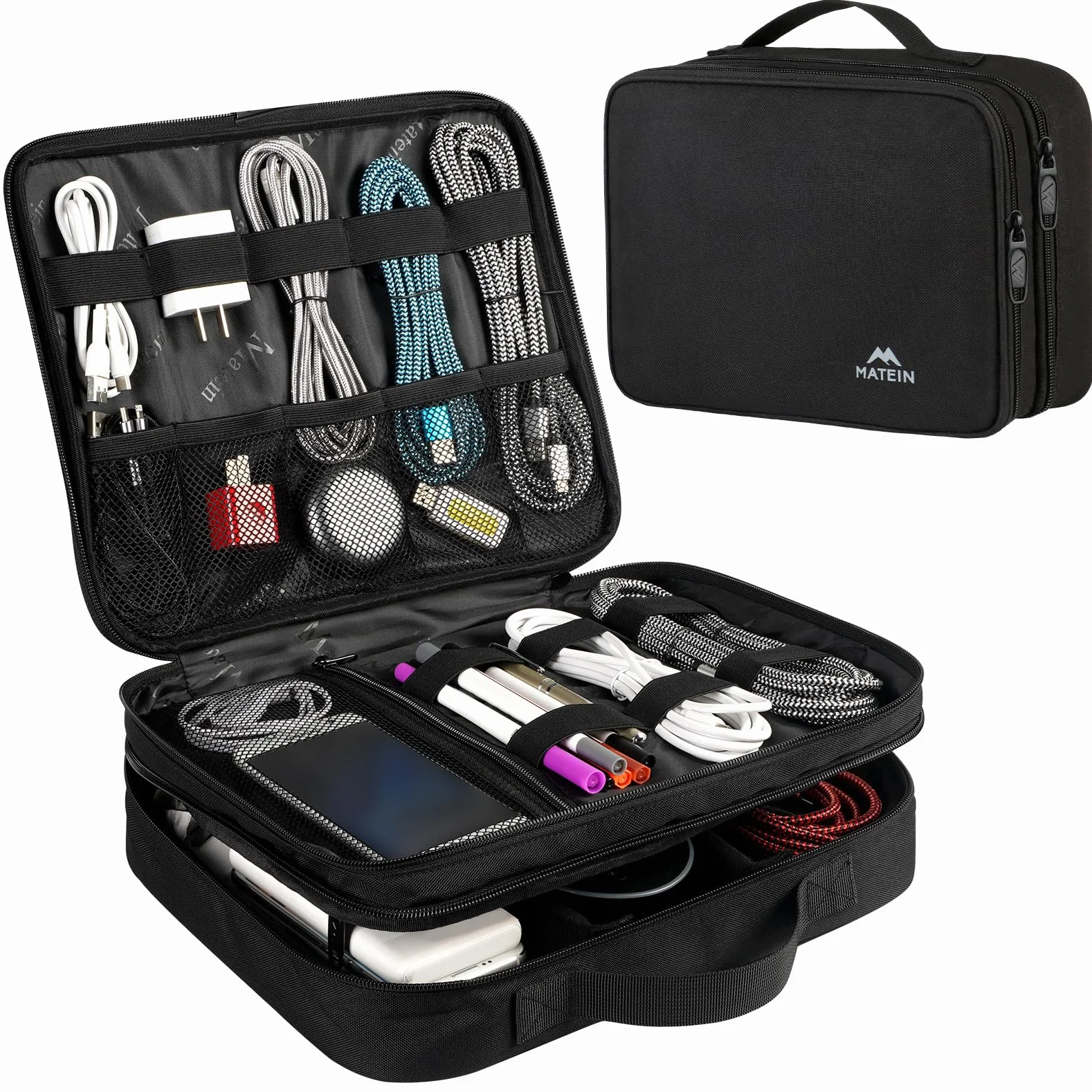 MATEIN Sac Organisateur de Câbles, 2 Couches Noir pour Téléphone Portable, iPad, Chargeur, Alimentation Mobile - Rangement Portable