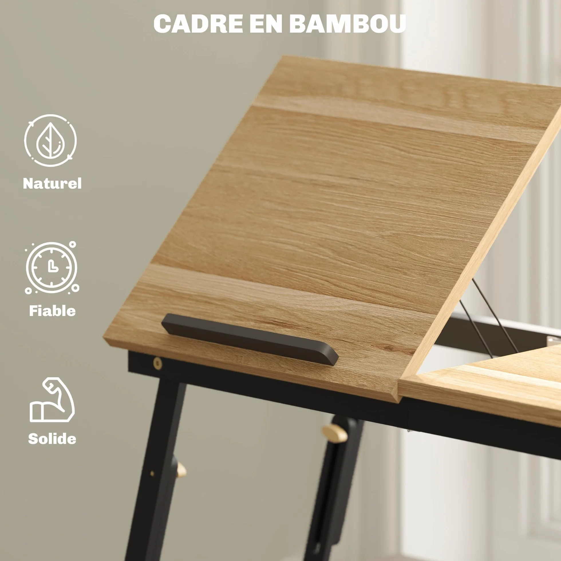 HOMCOM Table de lit Pliable et réglable, Plateau pour Ordinateur Portable avec Plateau inclinable, tiroir, Bureau de lit en Bambou, 83,5l x 33P x 23,5-34H cm, chêne