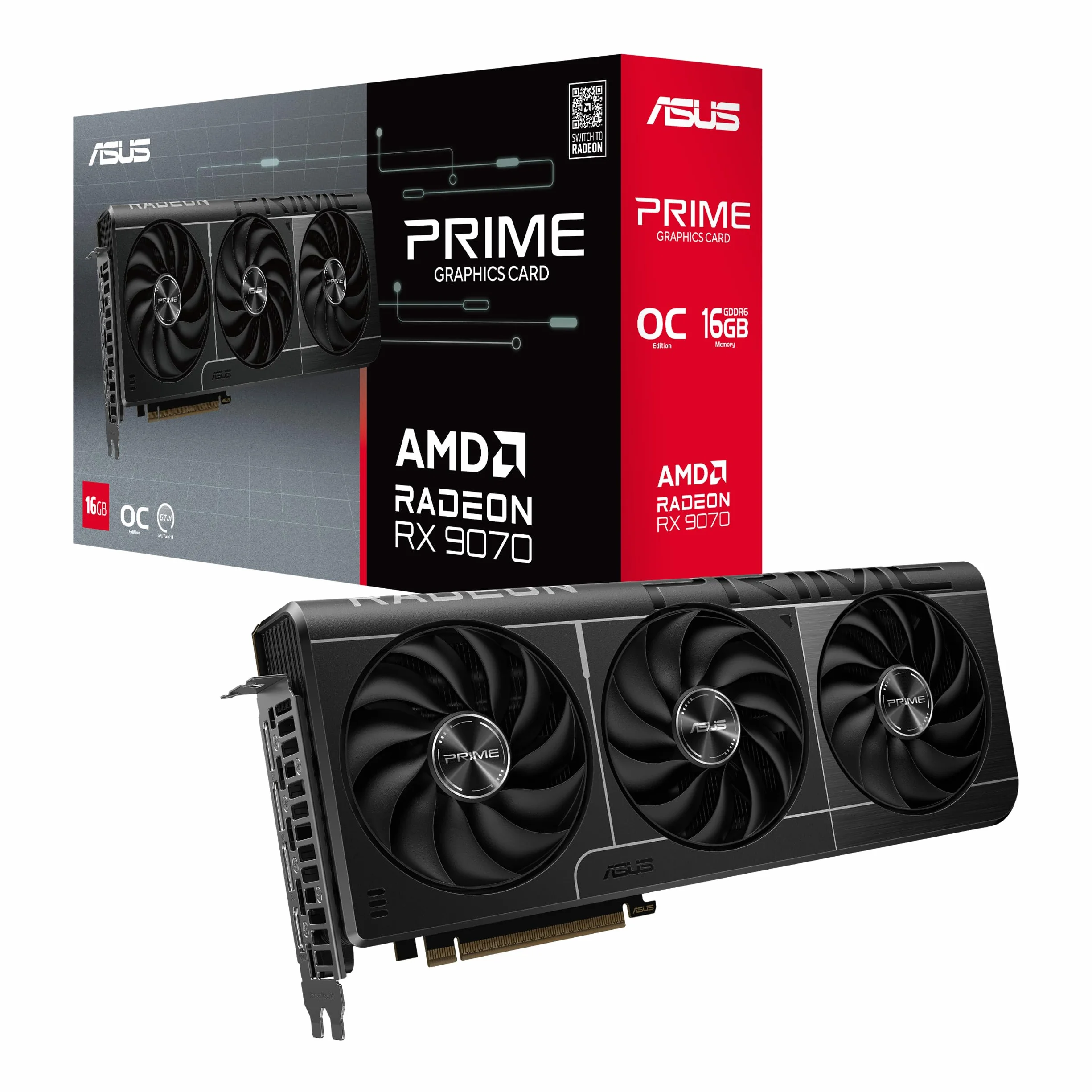 ASUS Prime Radeon™ RX 9070 OC Edition - Carte Graphique (PCIe 5.0, HDMI/DP 2.1, Conception à 2,5 Slots, Ventilateurs Axial-Tech, roulements à Billes Doubles, Double BIOS, GPU Guard)