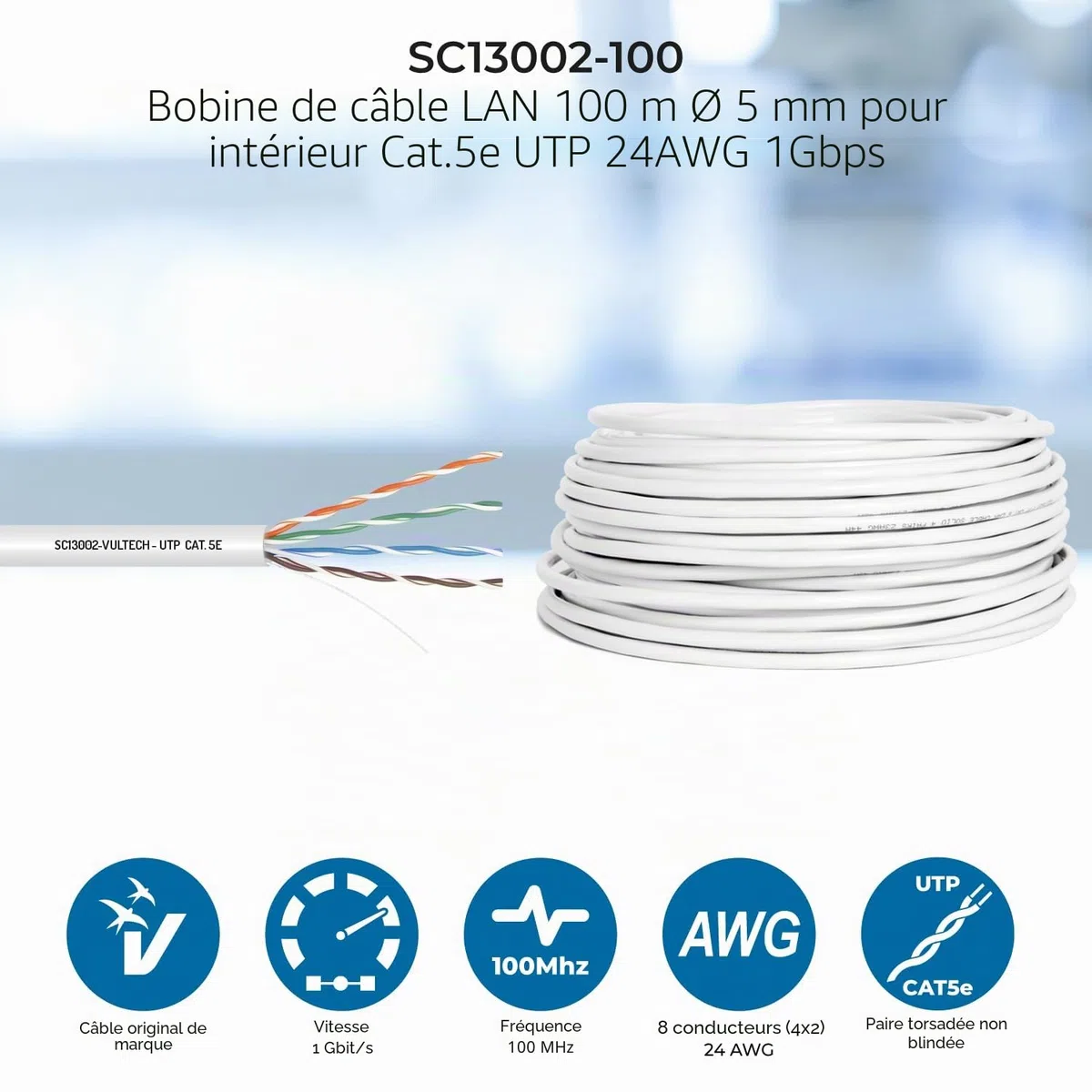 Vultech SC13002-100 Écheveaux Lan Catégorie 5e UTP 100 mètres 24AWG Bobine réseau Ethernet 100m Cat5e