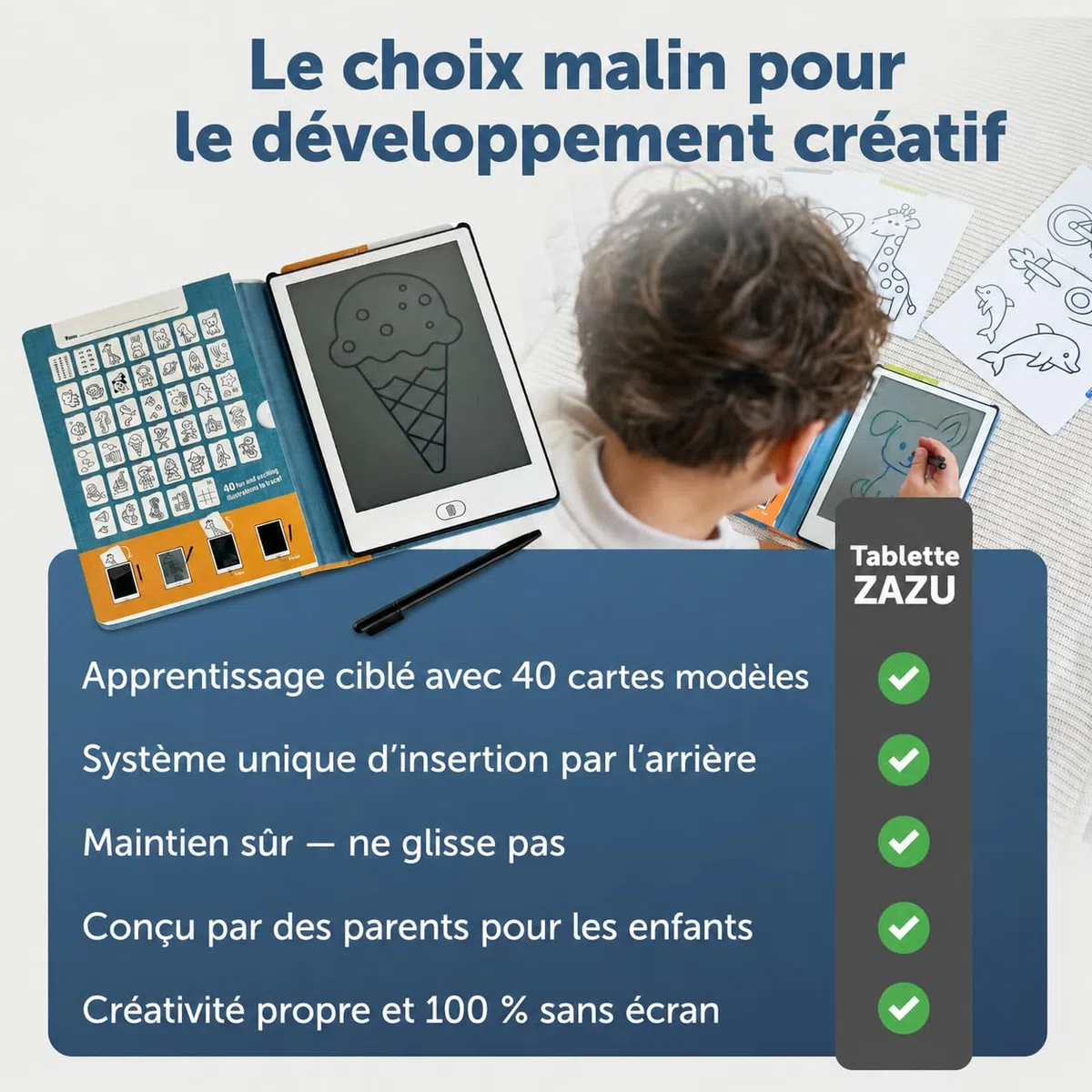 Zazu Fun Tablette à Dessin LCD pour Enfants - 8,5 Pouces Tablette de Dessin avec 40 Cartes de Modèle & Stylo, Fonction d'Effacement & Bouton de Verrouillage - Jouet Éducatif Créatif pour Maison