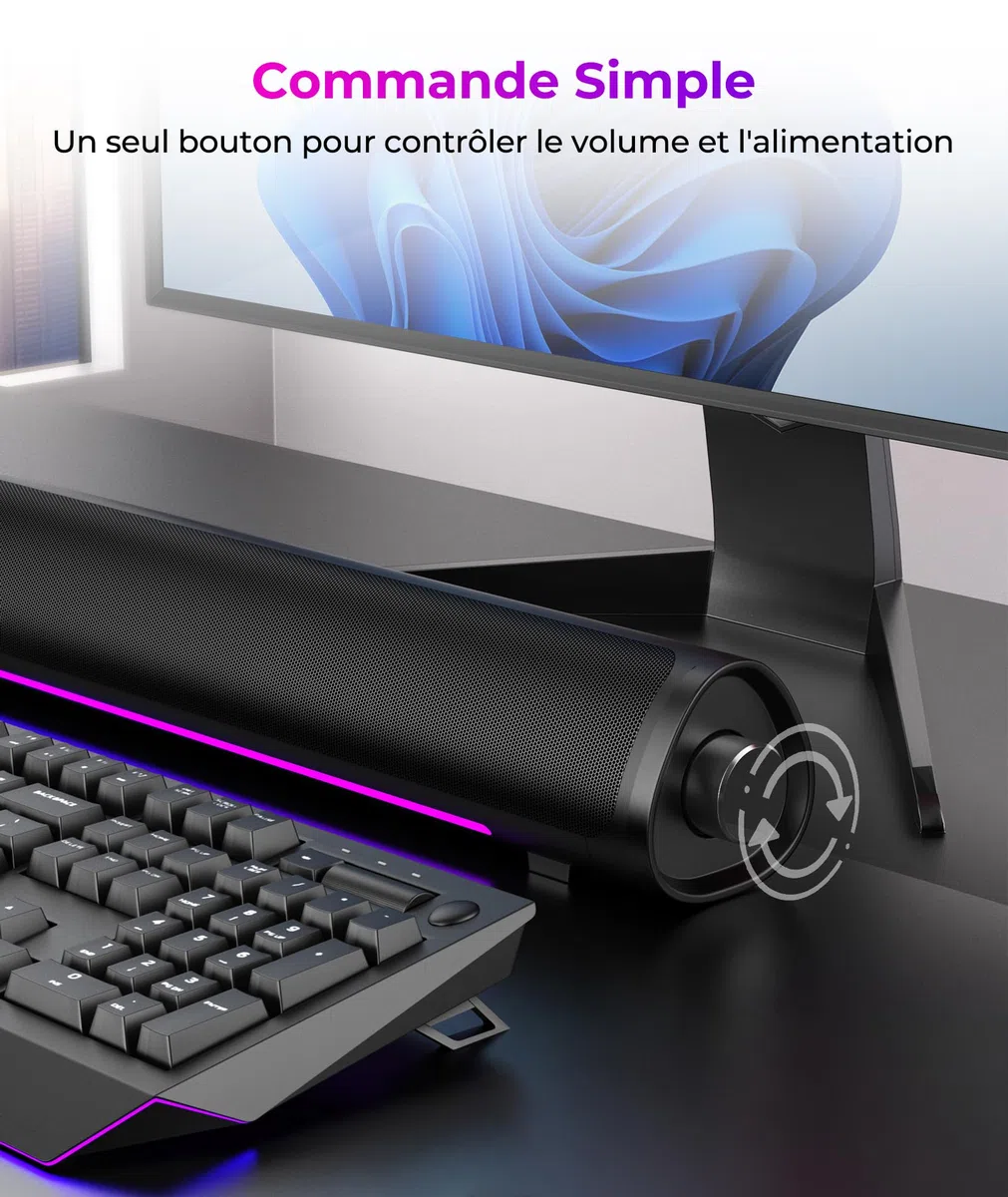 Enceintes d'Ordinateur de Bureau et Gaming, Barre de Son, Plug and Play – Alimentation USB d'Audio 3,5 mm, Éclairage RVB Dégradé, Commande à un Bouton, pour PC/Portable/Moniteur (USB et 3,5 mm)