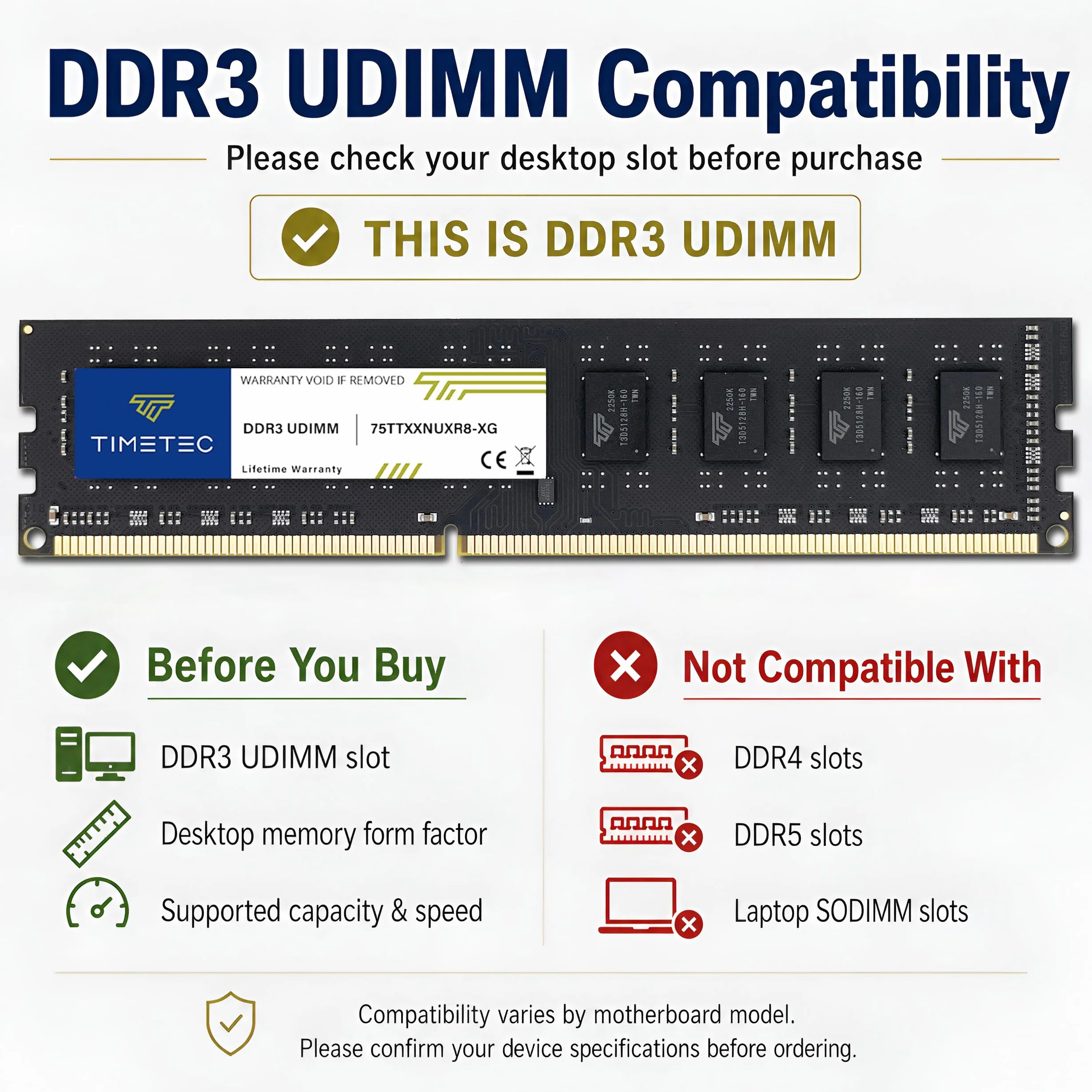 Timetec 8 Go DDR3L/DDR3 1600MHz PC3L-12800/PC3-12800 (PC3-12800U) Non-ECC sans Tampon 1.35V/1.5V CL11 2Rx8 Double Rang 240 Broches UDIMM Ordinateur de Bureau mémoire RAM Module Mise à Niveau