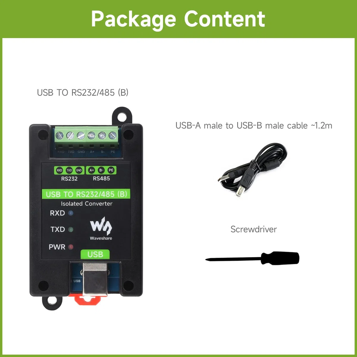 Waveshare USB To RS232/485 Industrial Grade Isolated Converter, Onboard Original FT232RNL Chip, Multiple Protection, Wall-Mount And Rail-Mount Support