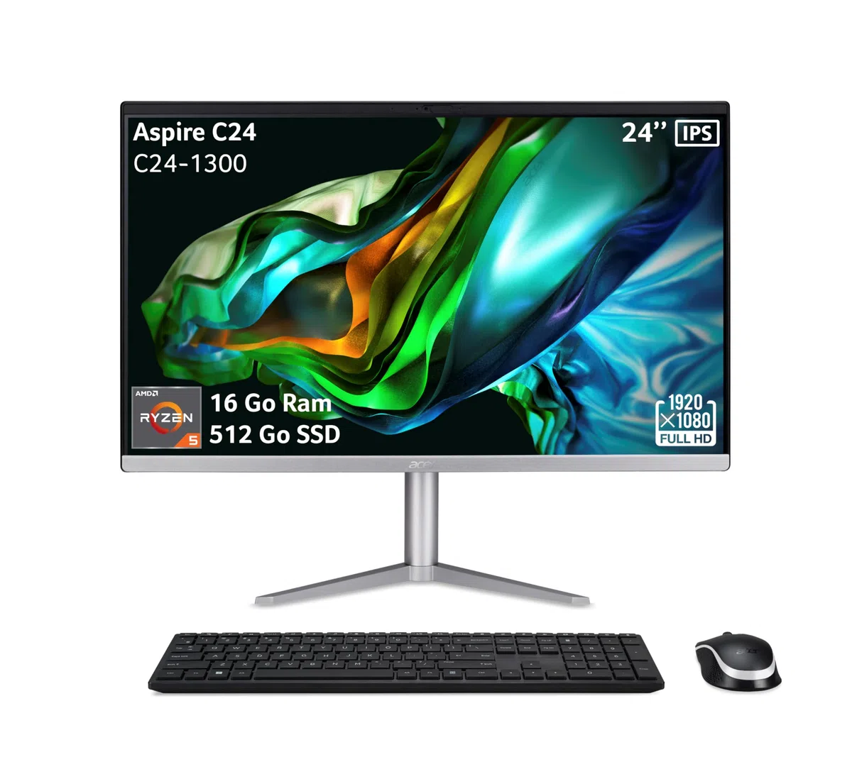 Acer Aspire C24-1300 I All-in-One PC 23.8" Full HD IPS I AMD Ryzen 5 R57520U I RAM 16 Go I SSD 512 Go I AMD Radeon Graphics I Windows 11 Famille I PC Tout-en-Un + Clavier et Souris I Argent