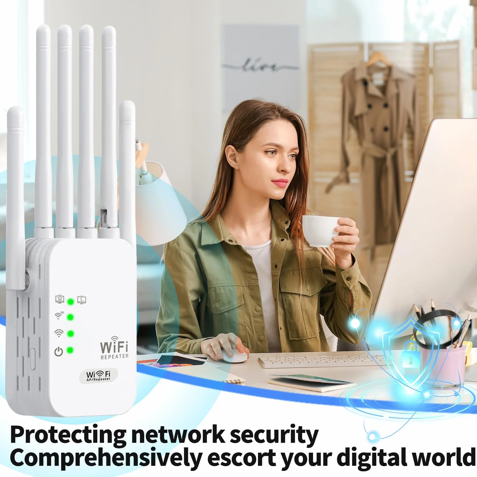 Répéteur WiFi 1200Mbps Double Bande 5G/2.4GHz, Amplificateur WiFi de dernière Technologie avec 6 antennes, Couvre jusqu'à 11000 m², 2 Ports LAN, idéal pour la Maison et Le Bureau Amplificateur WiFi