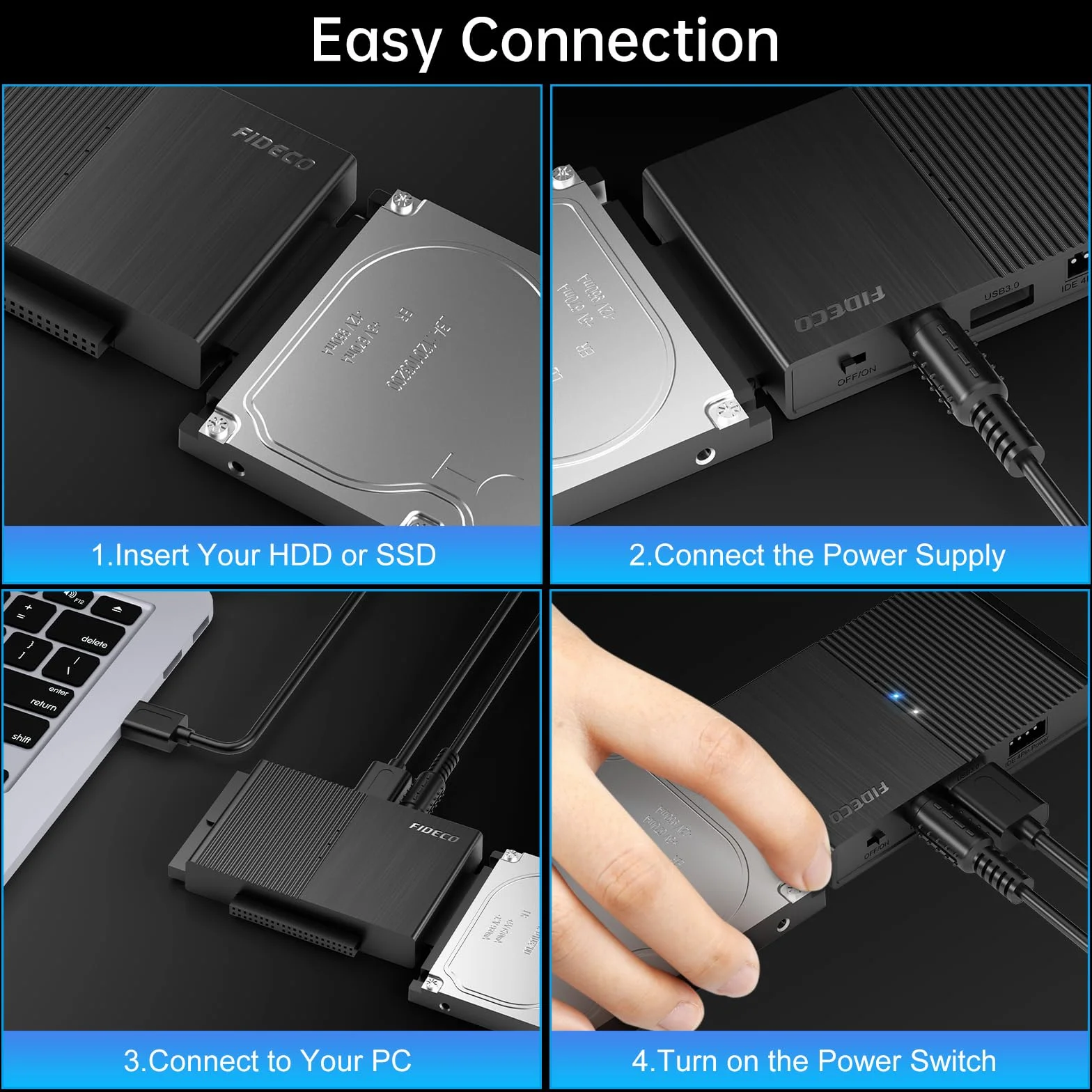 FIDECO Adaptateur Disque Dur USB 3.0 pour 2.5"/ 3.5" HDD/SSD, Convertisseur SATA et IDE avec Alimentation DC 12V 2A