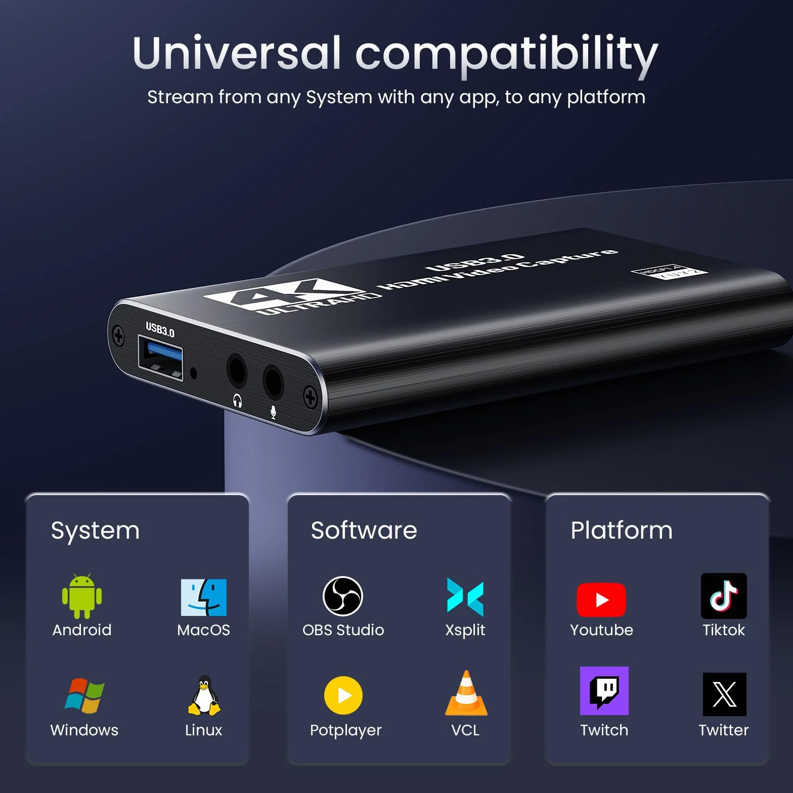 Papeaso Carte de Capture HDMI 4K, 1080P 60FPS USB 3.0 Appareil de Capture Vidéo pour Streaming, Compatible avec Switch, PS5, PS4, Xbox, Caméra, PC