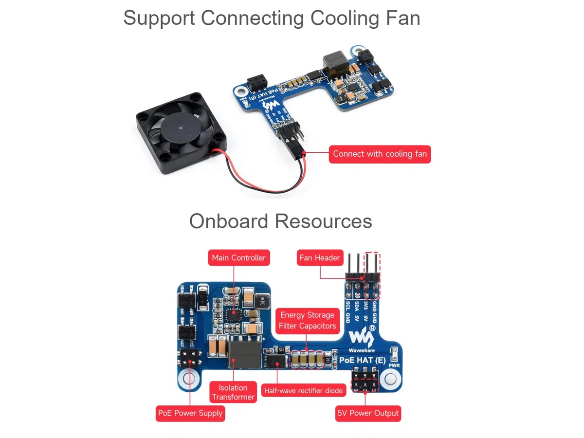 Waveshare POE Hat for Raspberry Pi 4B 3B+, IEEE 802.3af-Compliant,Power Over Ethernet Hat (E) Expansion Board for Raspberry Pi,5V Power Output