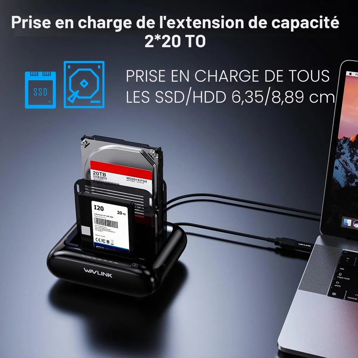 Wavlink Station d'accueil pour disques durs externes Support 2x20TB,USB 3.0 vers SATA I/II/III pour disques durs de 2,5 ou 3,5 Pouces,SSD avec Fonction de clonage Hors Ligne,Support UASP SATA 5Gbps