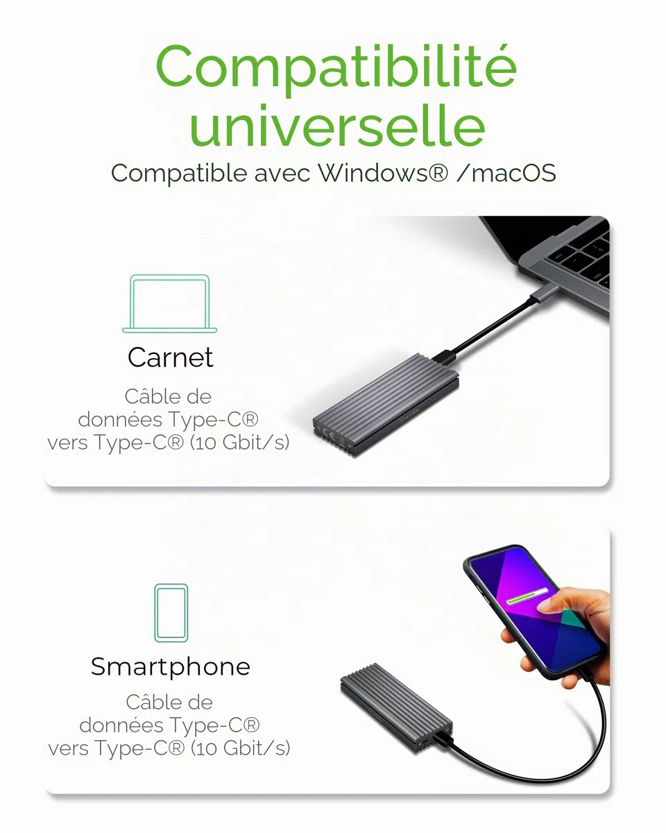 ICY BOX Boîtier SSD M.2 NVMe, USB 3.1 (Gen2, 10Gbit/s), PCIe M-Key, Disque dur externe SSD, Adaptateur NVMe, USB-C, USB-A, IB-1817M-C31