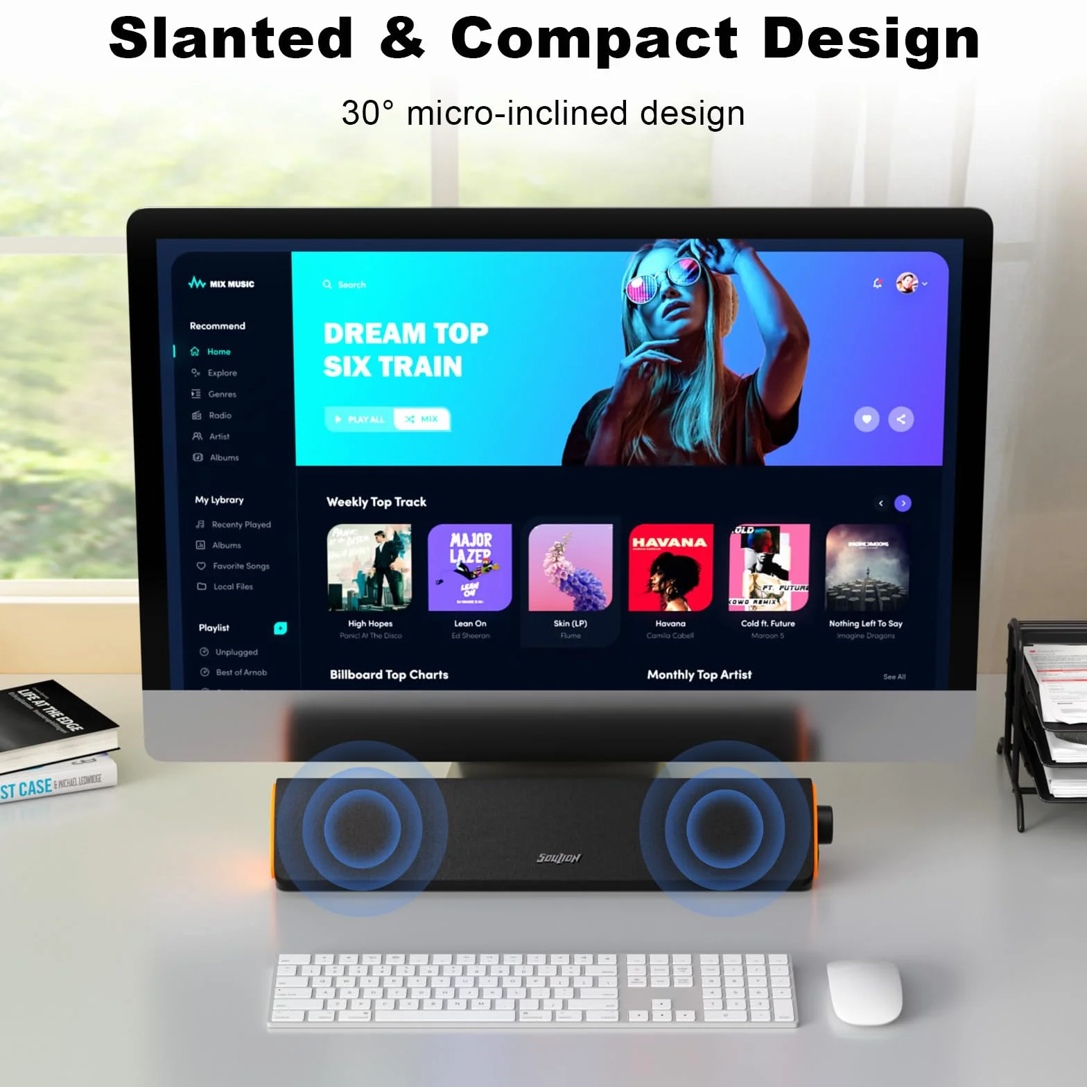 SOULION R50 Enceinte PC pour Ordinateur Portable, Tablette, Moniteur | Bluetooth & 3,5 mm, Alimenté par USB, Barre de Son PC, RGB, 42 x 8 x 9cm