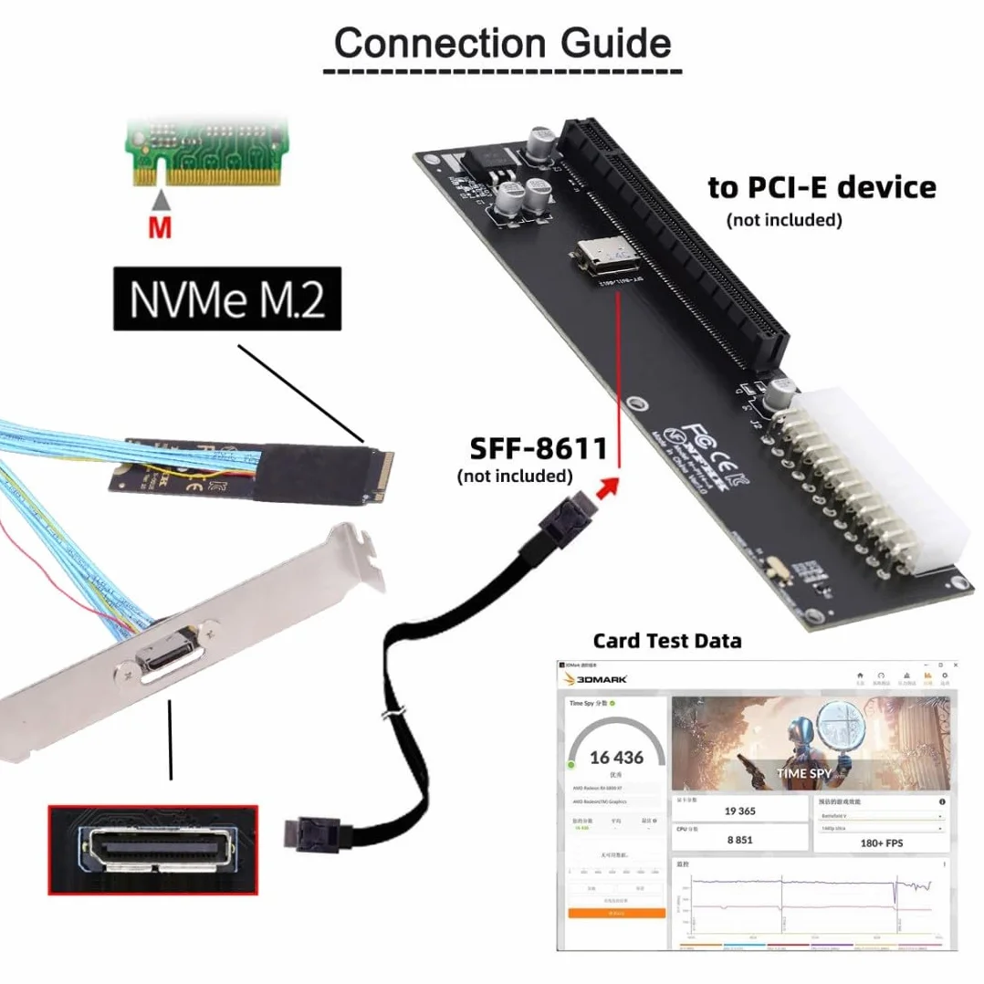chenyang Oculink SFF-8612 vers PCI-E 4.0 NVME M.2 M-Key Câble d'extension avec support de fente 8/12 cm pour carte graphique externe et SSD
