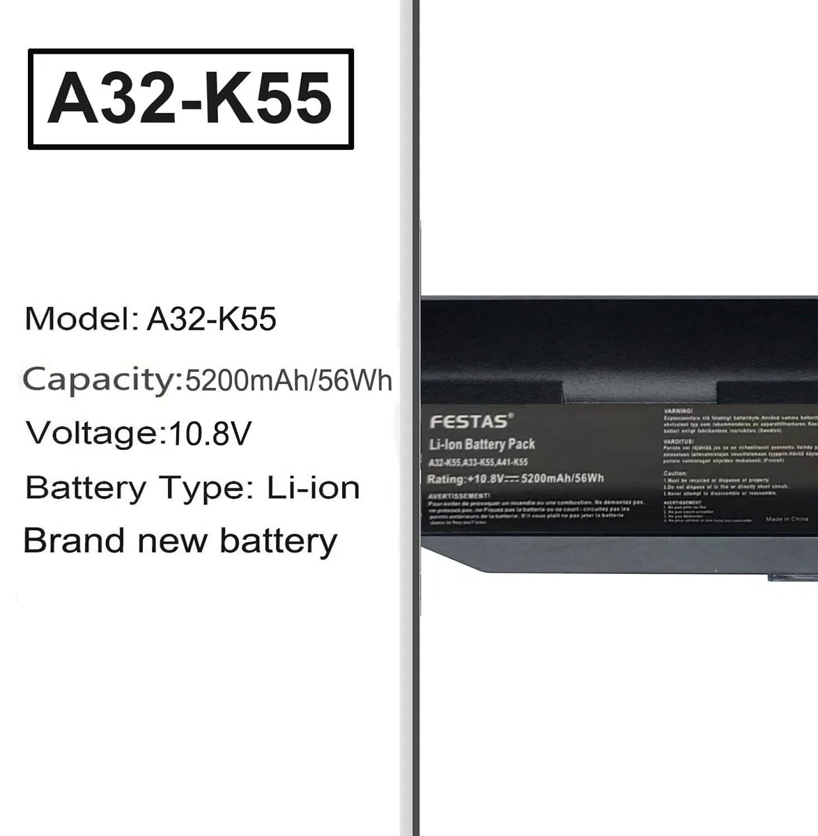 FESTAS A32-K55 Batterie Compatible avec ASUS K55 X75V X75A F75V | F75VC X75VD X55A R700V K75VJ R500VD X55VD X75VC F75A X75VD Series A33-K55 A41-K55 A32-K55X A32-K55X Ordinateur PC Portable