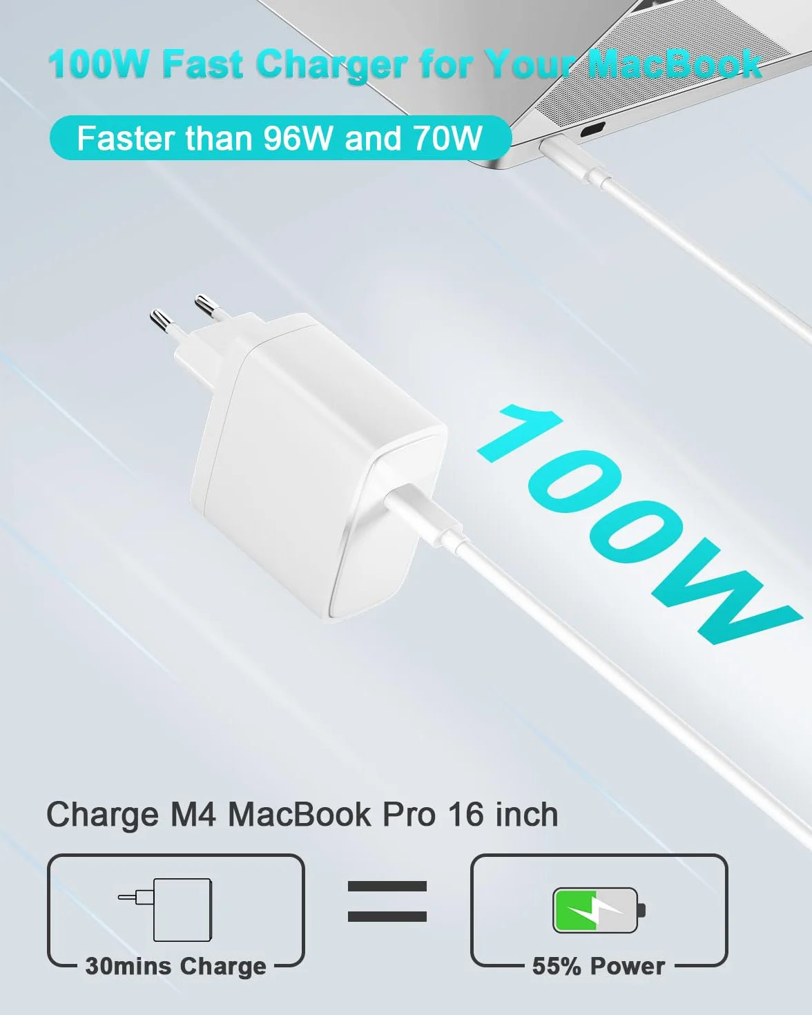 Chargeur USB C 100 W Compatible avec MacBook Pro 16 14 Pouces, MacBook Air 15 13 Pouces 2025 2024 2023 2022 2021 2020 2019 2018 M4 M3 M2 M1, Câble de Charge USB-C 2M 5A (Blanc)