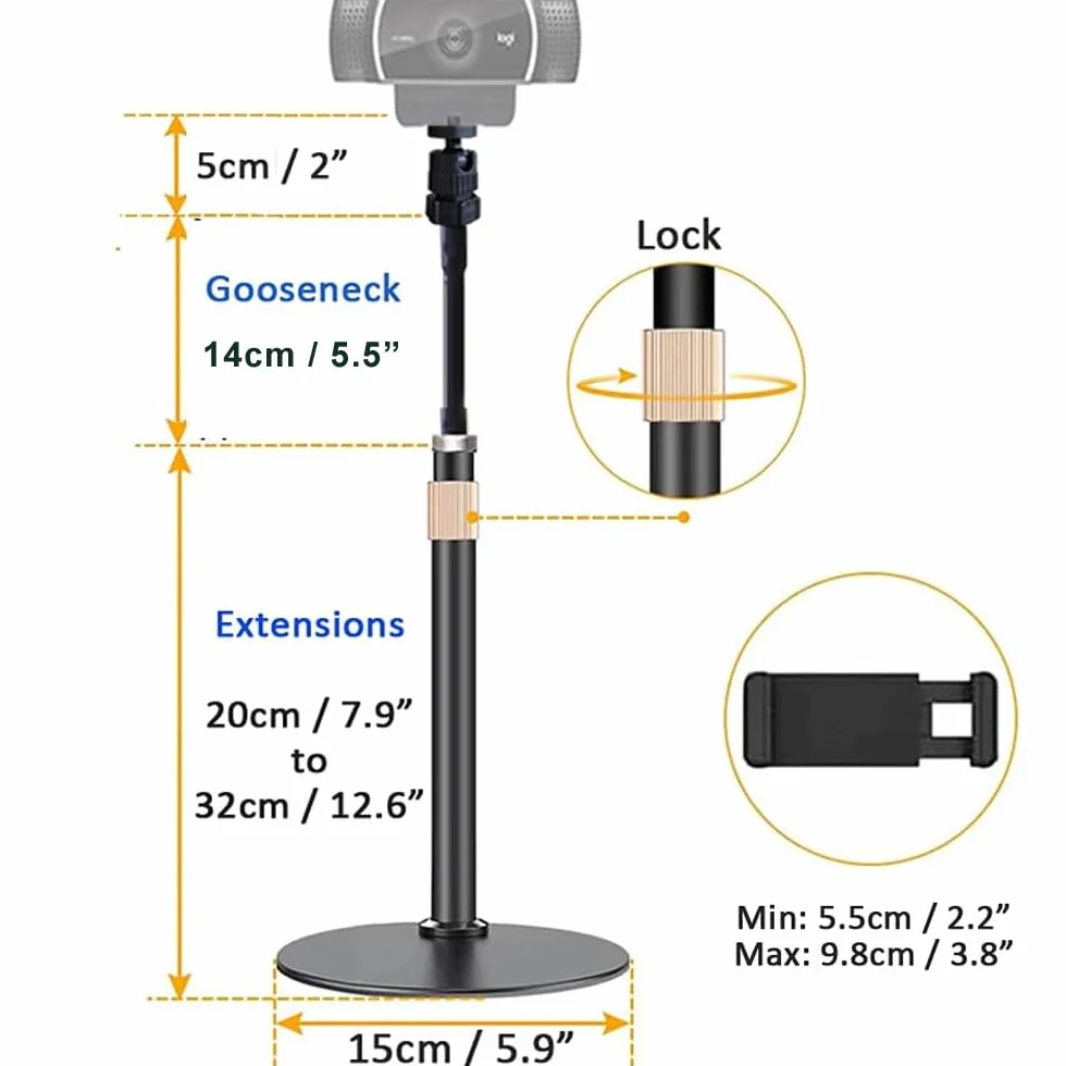 Support de téléphone pour webcam Logitech C922, C930e, C920S, C920 Type d'extension flexible en col de cygne