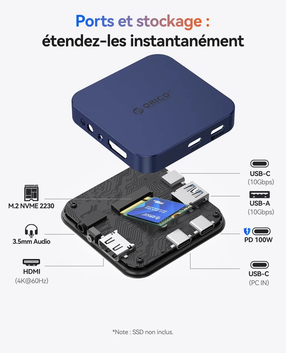 ORICO Station d'Accueil Magnétique USB C avec Boîtier SSD M.2 NVMe, Docking Station 6 en 1 avec HDMI 4K@60 Hz,PD 100 W, USB-A 10 Gbps, SD/TF, Audio. USB C Hub DockingStation pour iPhone/Dell HP Lenovo