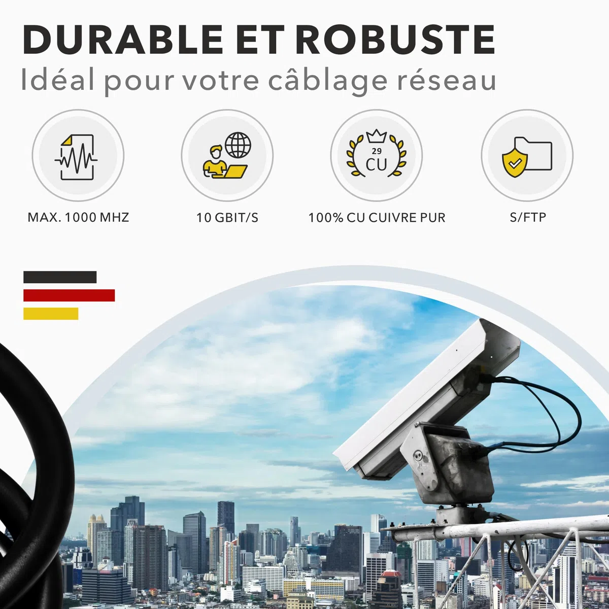 RedStar24 Câble de Réseau Extérieur CAT 7 20m - Câble Ethernet CAT7 Gigabit S/FTP, Cuivre, 1000MHz, Câble d'installation Outdoor PIMF POE 10Gbit LAN, AWG 23/1, Noir, Résistant aux UV