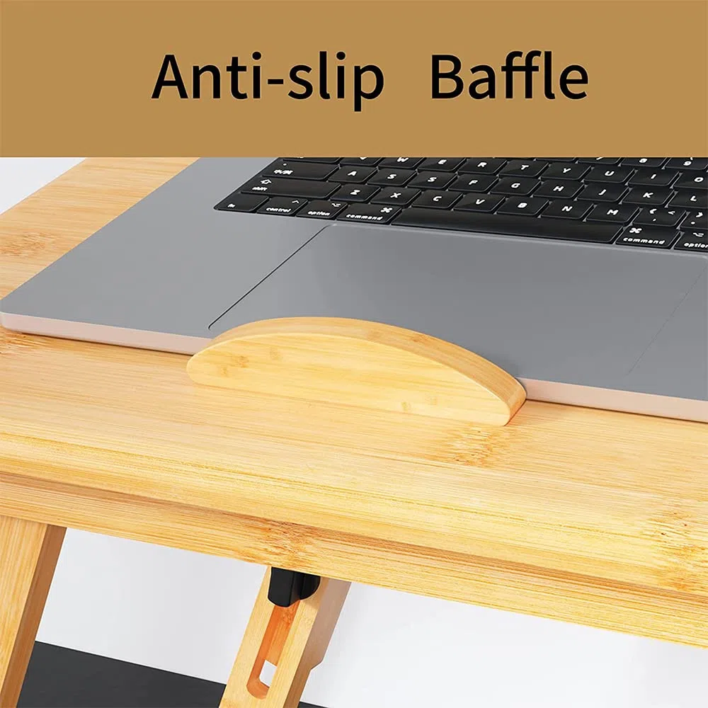 Plateau Réglable pour Ordinateur Portable Lapdesk en Bambou, Table Pliante Portable avec Tiroir et Trous de Refroidissement, Canapé-Lit Plateau de Repas de Travail 66 * 30 * 35 cm-Couleur Bois