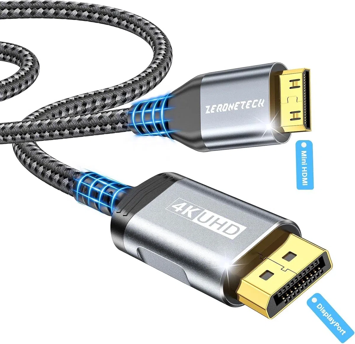 ZeroneTeck Câble DisplayPort vers Mini HDMI unidirectionnel 1M, 4K@60Hz UHD, compatible avec ordinateurs, moniteurs, Ecran Portable, AMD, NVIDIA, ARZOPA, projecteurs, mini PC. Câble nylon anti-flexion