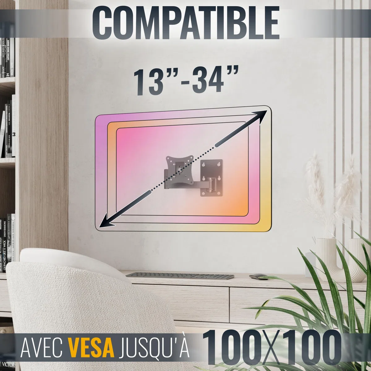 RICOO R02-11 Support Écran PC TV Mural 13 17 19 22 24 27 28 32 34 Pouces Supprot Mural VESA 50x50 75x75 100x100 Max 20 Kg Orientable Inclinable Fixation Moniteur Bras pour Moniteurs | Support TV mural orientable VESA 75 x 75 100 x 100 - Support d'écran in
