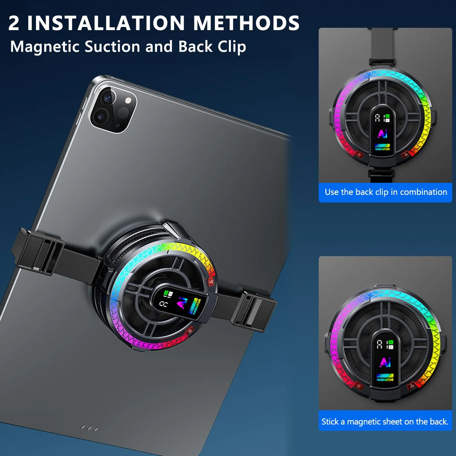 Refroidisseur de Tablette iPad Magnétiqu - 4 Modes de Refroidissement, Refroidisseur Intelligent pour Ordinateur avec Température et Puissanceet Affichage, 2 Méthodes D'installation