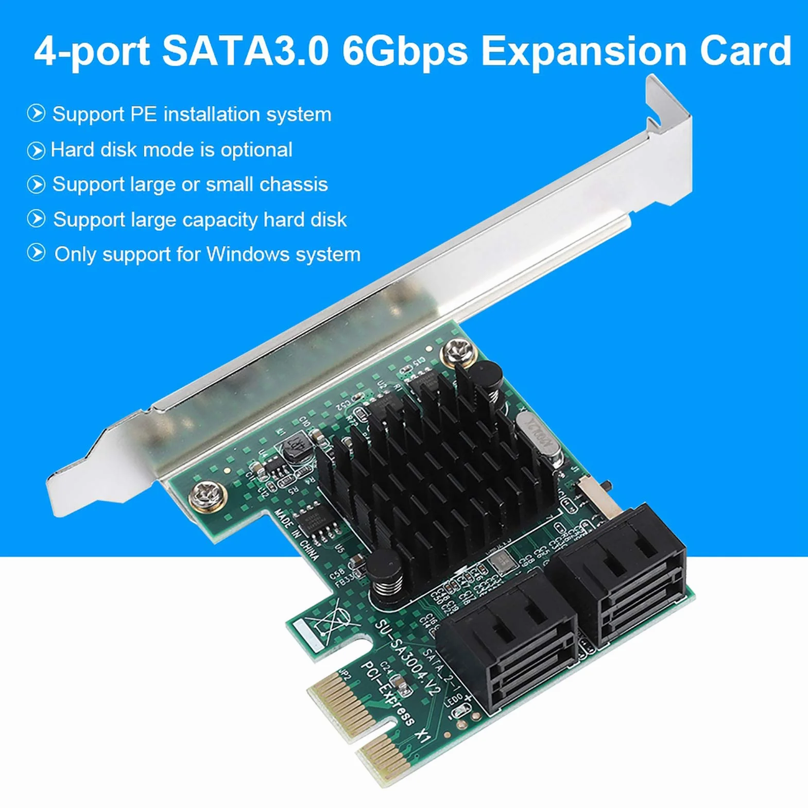Carte SATA, Contrôleur D'extension PCIE X1 vers 4 Ports SATA 3.0, Adaptateur PCI Express SATA III 6 Gbit/s avec Support à Profil Bas, pour PC