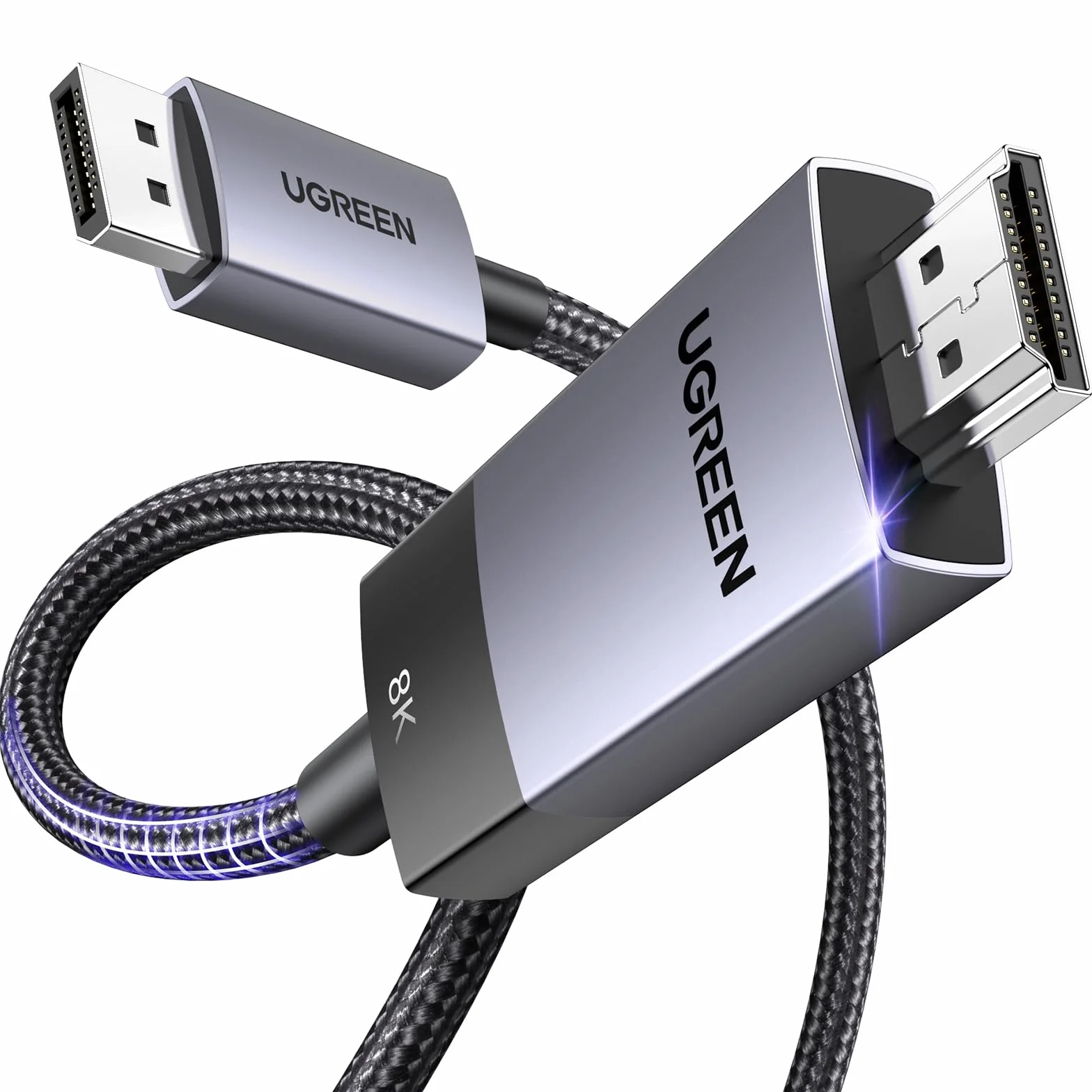 UGREEN 4K Câble DisplayPort vers HDMI 8K 60Hz 4K 240Hz Unidirectionnelle DP 1.4 vers HDMI 2.1 32.4Gbps HDR HDCP Nylon Tressé Compatible avec Insignia NVIDIA Laptop Projecteur Moniteur (2M)