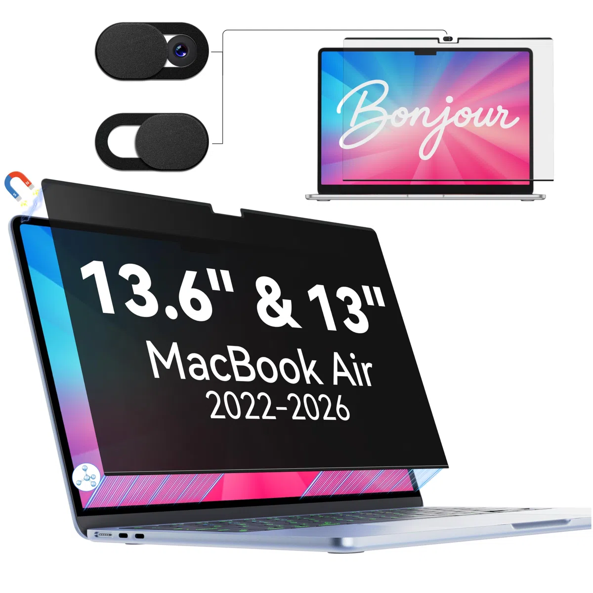 Magnétique Filtre Confidentialité Protection Écran pour Macbook Air 13,6/13 Pouces (2022-2026, M2, M3, M4, M5), Amovible Anti Espion Lumière Bleue Protege Ecran Film