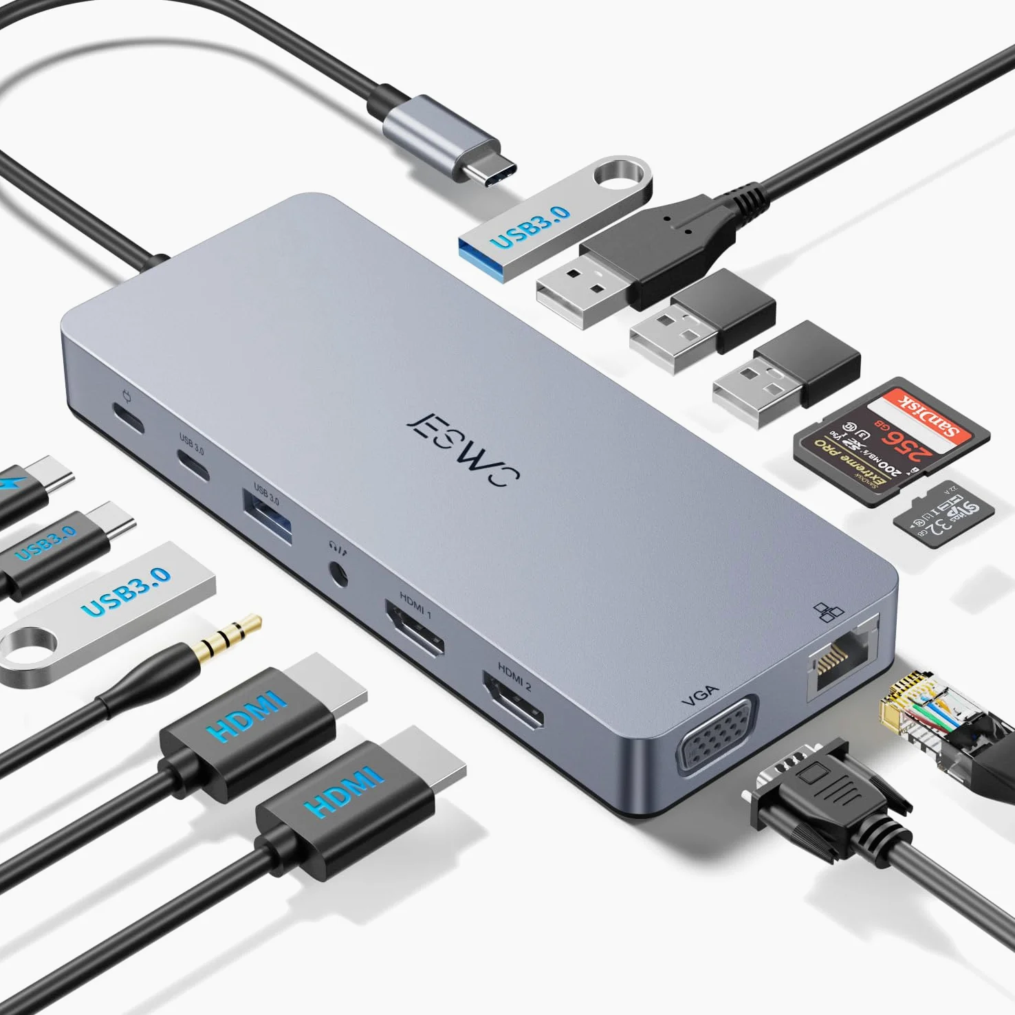 Docking Station USB C,JESWO 14-en-1 Dock USB C vers Dual HDMI, VGA, Ethernet, Mulit USB 3.0&2.0, 100W PD, Type-C Data, SD/TF, AUX Jack pour Windows 11, 10, Mac OS, and iPad OS